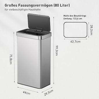 EKO 80L Sensor Bin Large Waste Bin with Automatic Lid Opening Soft-Close Lid Fingerprint-Free Matte Stainless Steel Bag Holder Electric Trash Can with Stay-Open Function