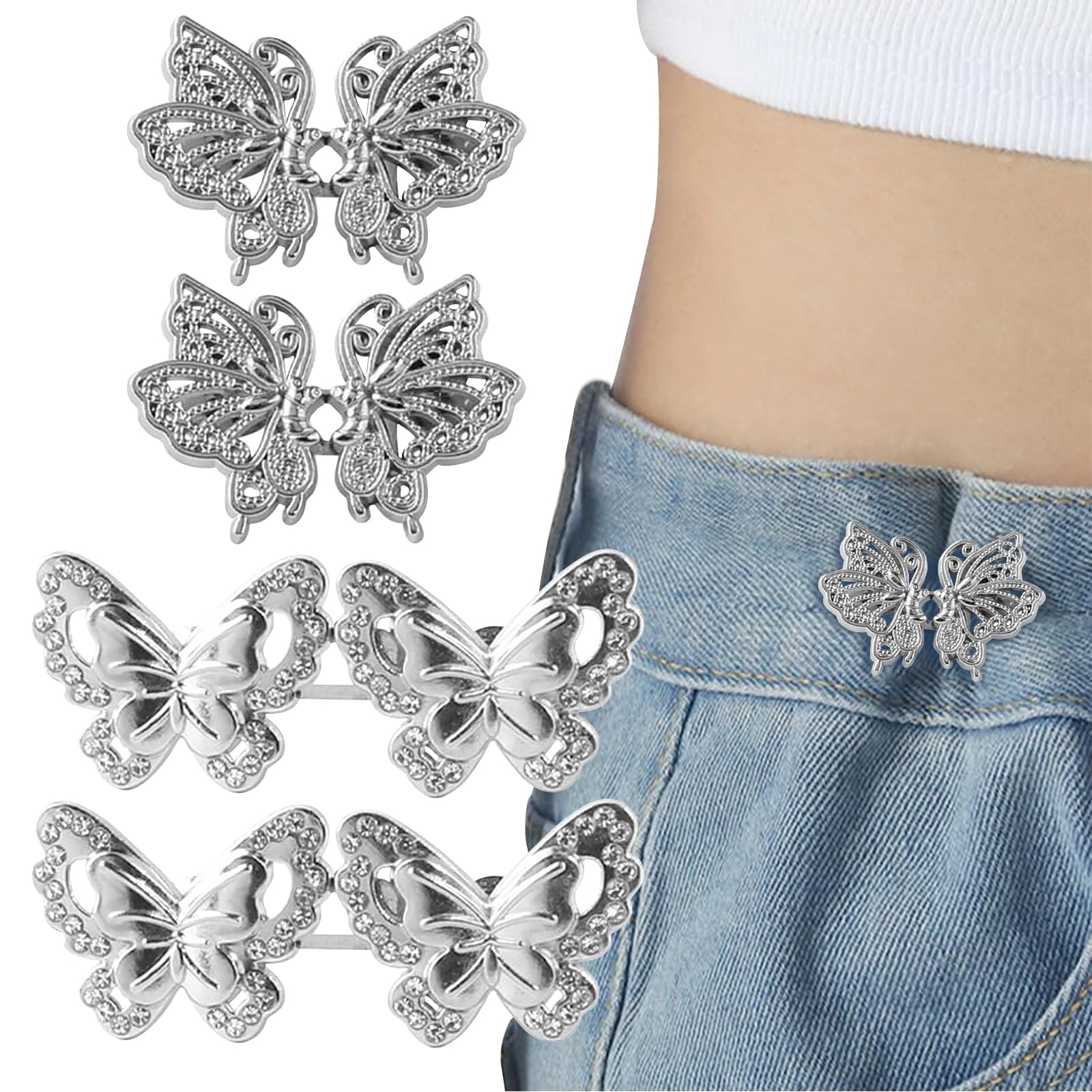 Dhhywwd Silver 6Pcs Butterfly Waist Tightener Clips，No Sew Adjustable Waistband Tightener Clips For Jeans, Trousers, Pant, Reusable Metal Buckles For Loose Fit (Silver)
