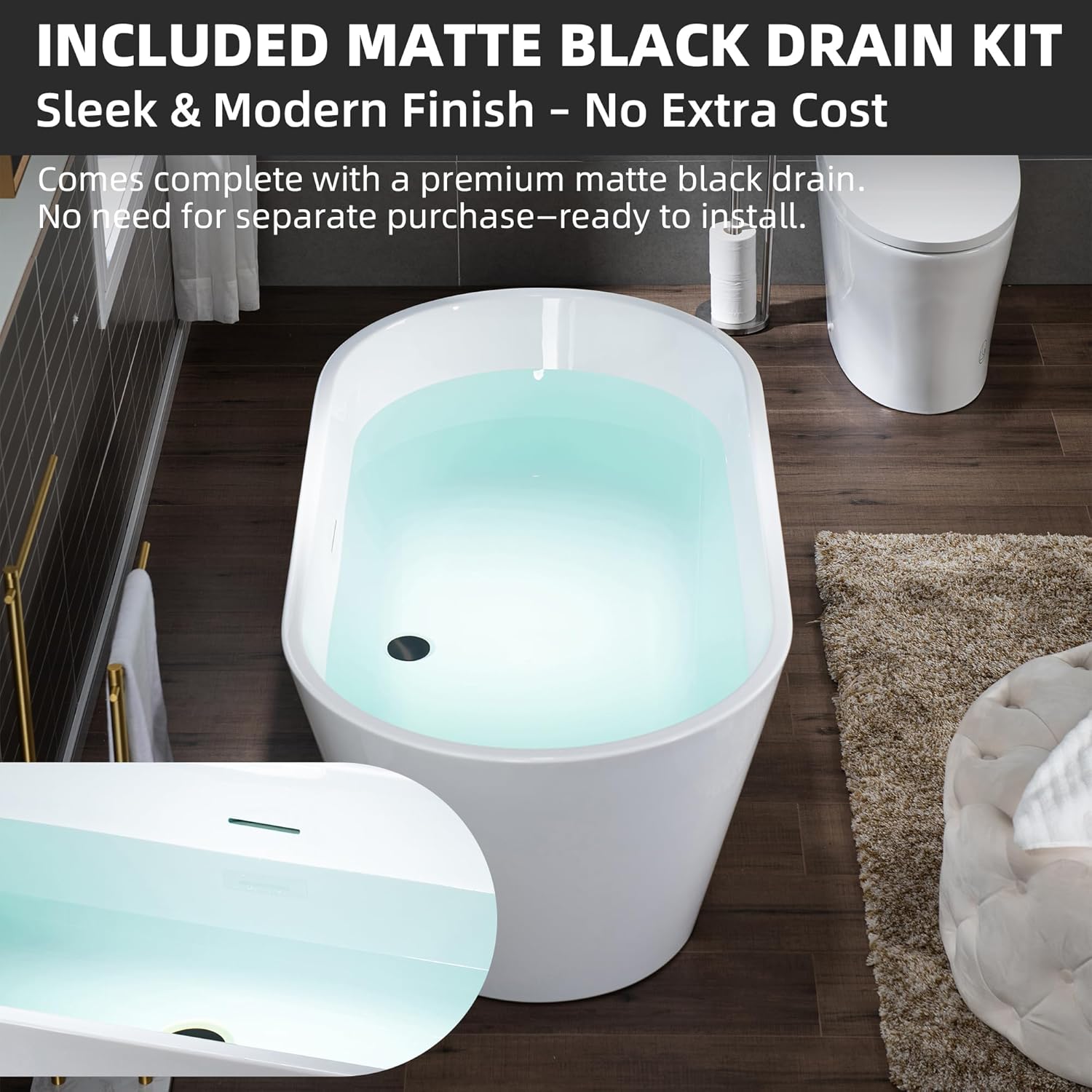 WOODBRIDGE 59 X 29.5 X 22.8" freestanding soaking bathtub with matte black drain included, White WE009