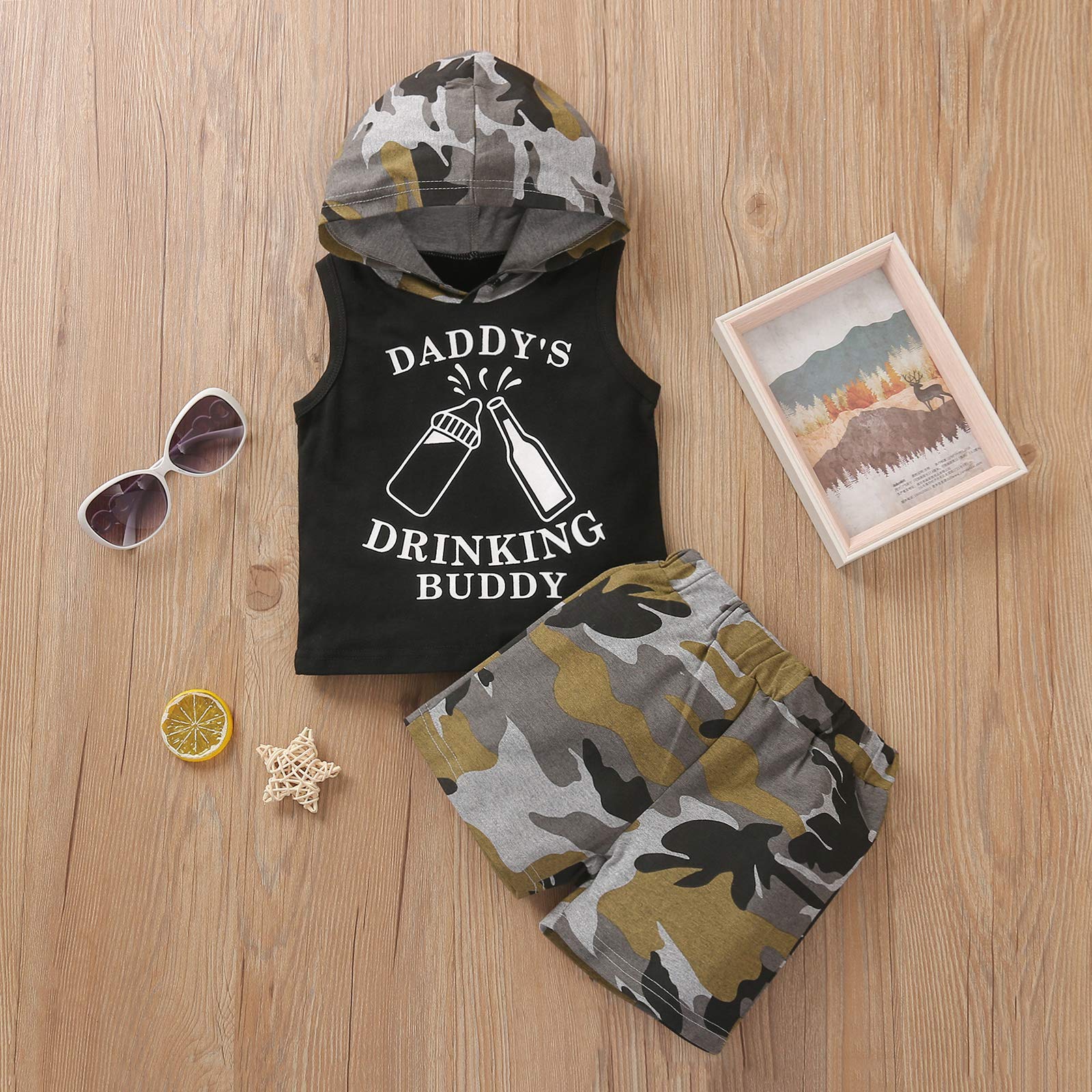 KnniMorning TEES Boy's 2Pcs Sleeveless Clothes Set Letter Printing Hooded Top Camouflage Shorts Toddler Boy Summer Suit (Fahsion Boy's Clothes 5, 12_months)