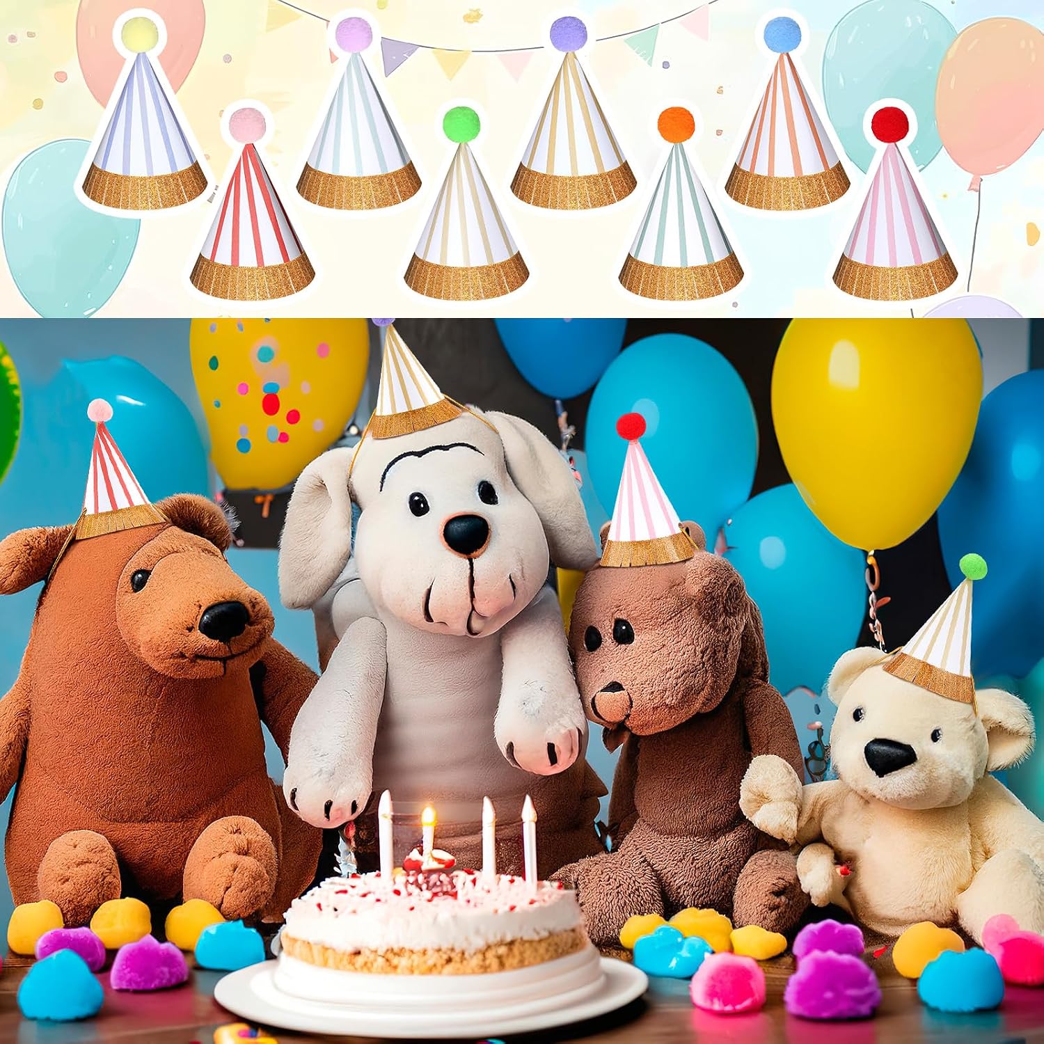 40 Pcs Colorful Mini Party Hats for Stuffed Animals DIY Small Birthday Paper Cone Hat with Pom Poms for Pet Doll Dog Rabbit Puppies Birthday Gifts Stuffed Animals Party Costume Accessories image 3