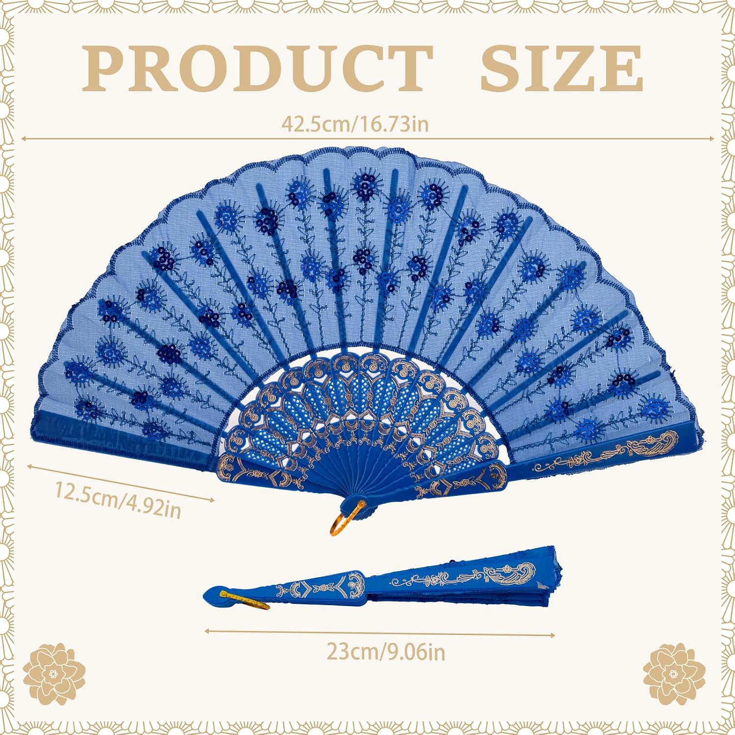 QIRMIZI 50 Pcs Handheld Spanish Fans – Foldable Fans for Women – Bulk for Parties, Weddings, Church, Dancing, Music Festivals, Carnivals, EDM Events Decoration,Royal Blue