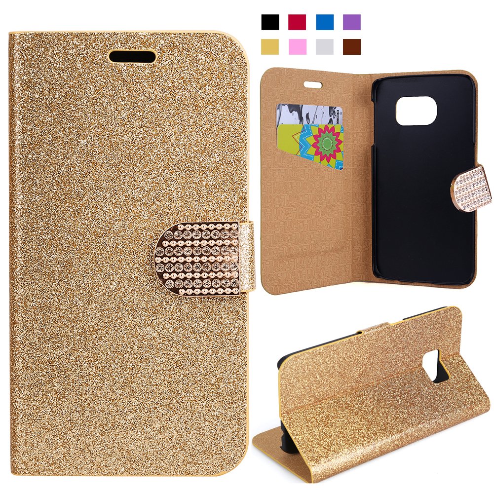 FISHBERG Galaxy S6 Edge Case, Luxury Cover Bling Glitter Magnetic Design Flip Folio PU Leather Stand Up Protective Cover Wallet Case for Samsung Galaxy S6 Edge With ID/Cash/Card Slots (Gold)
