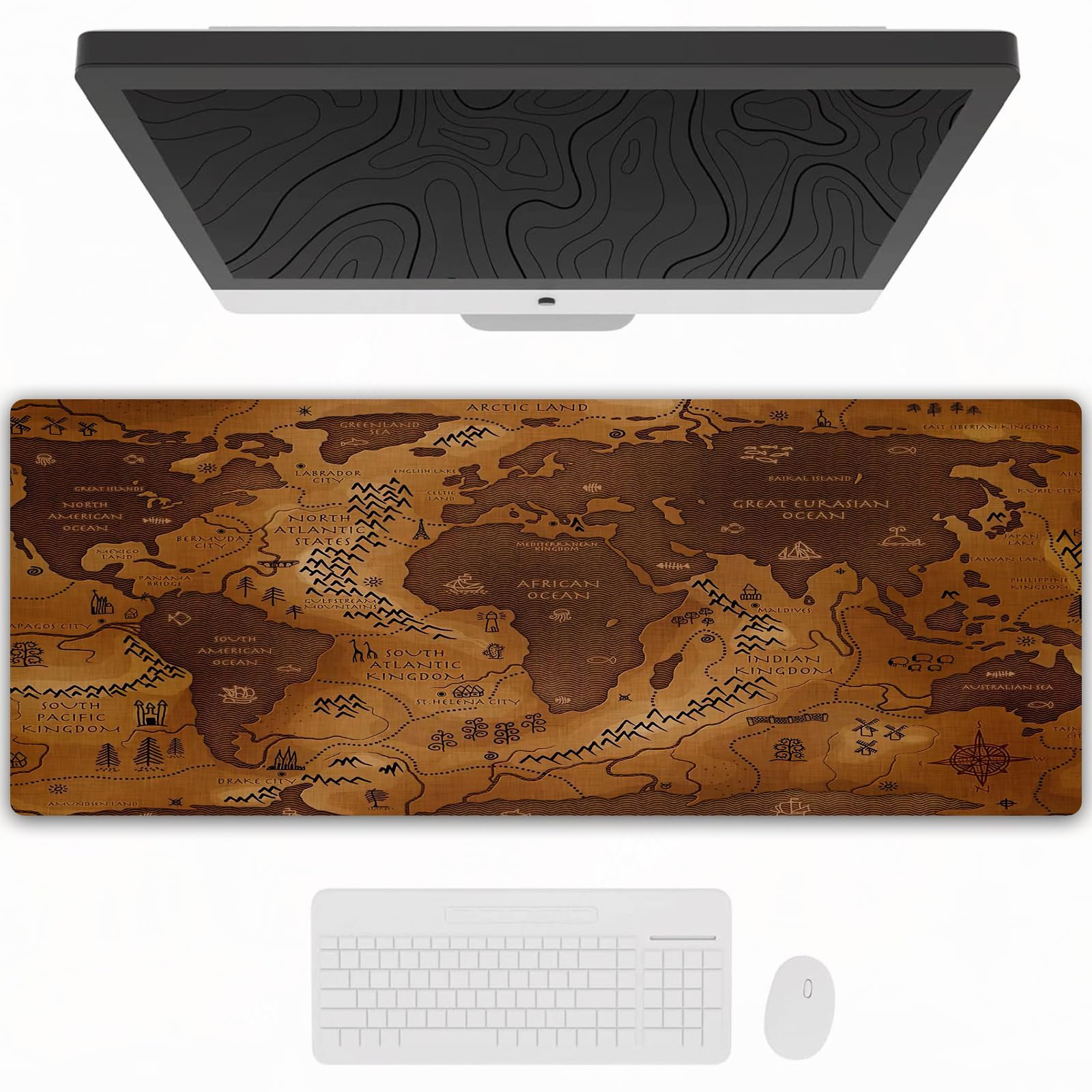 Tappetino per mouse da gioco,grande,antiscivolo,impermeabile,con bordi cuciti,Mappa del mondo vintage retrò oceanico e montano,per gaming,ufficio,casa,40x90 cm