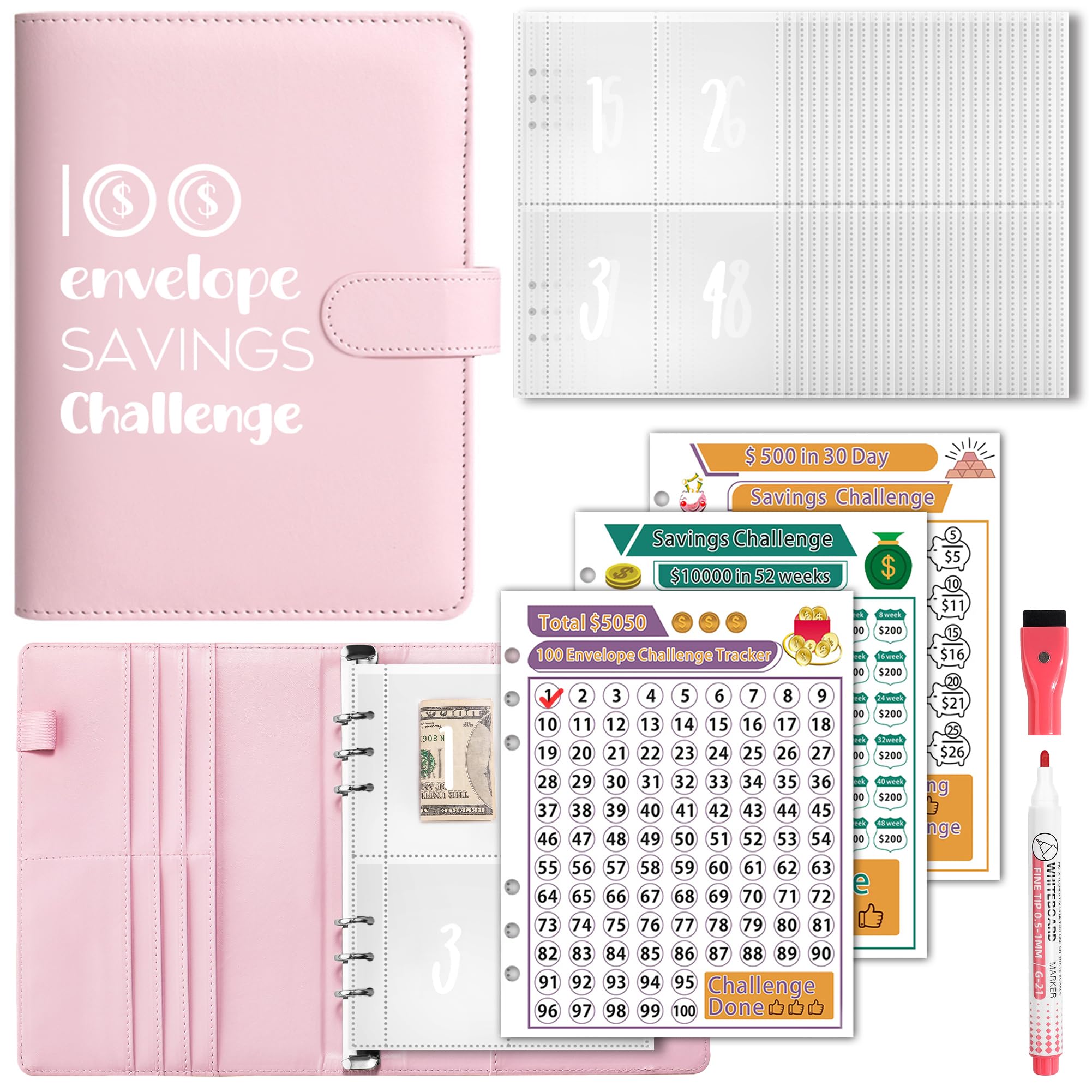 100 Envelopes Money Saving Challenge, A5 Savings Challenges Book Budget Binder with Cash Envelopes Erasable Tracker, Easy and Fun Way to Save $500 $5050 $10000 (Pink)