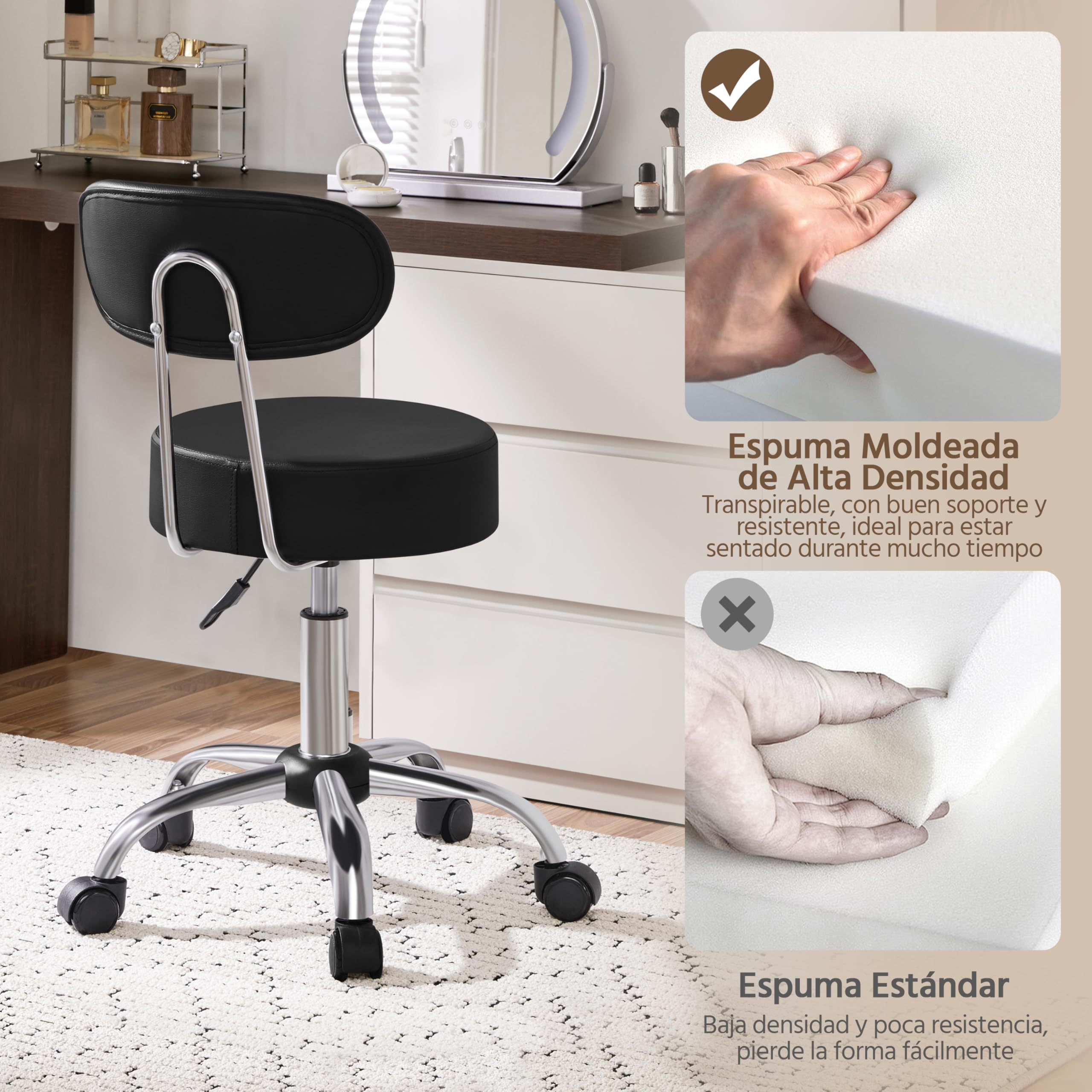 Yaheetech Taburete Giratorio Taburete con Ruedas y Respaldo con Altura Regulable 75.5-85 cm Asiento Tapizado de Polipiel Sintético para Oficina Dormitorio Negro