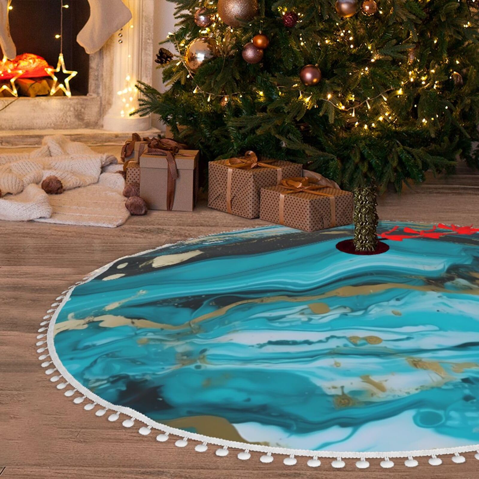 Jupe de sapin de Noël imperméable bleu et or tapis rustique 121,9cm