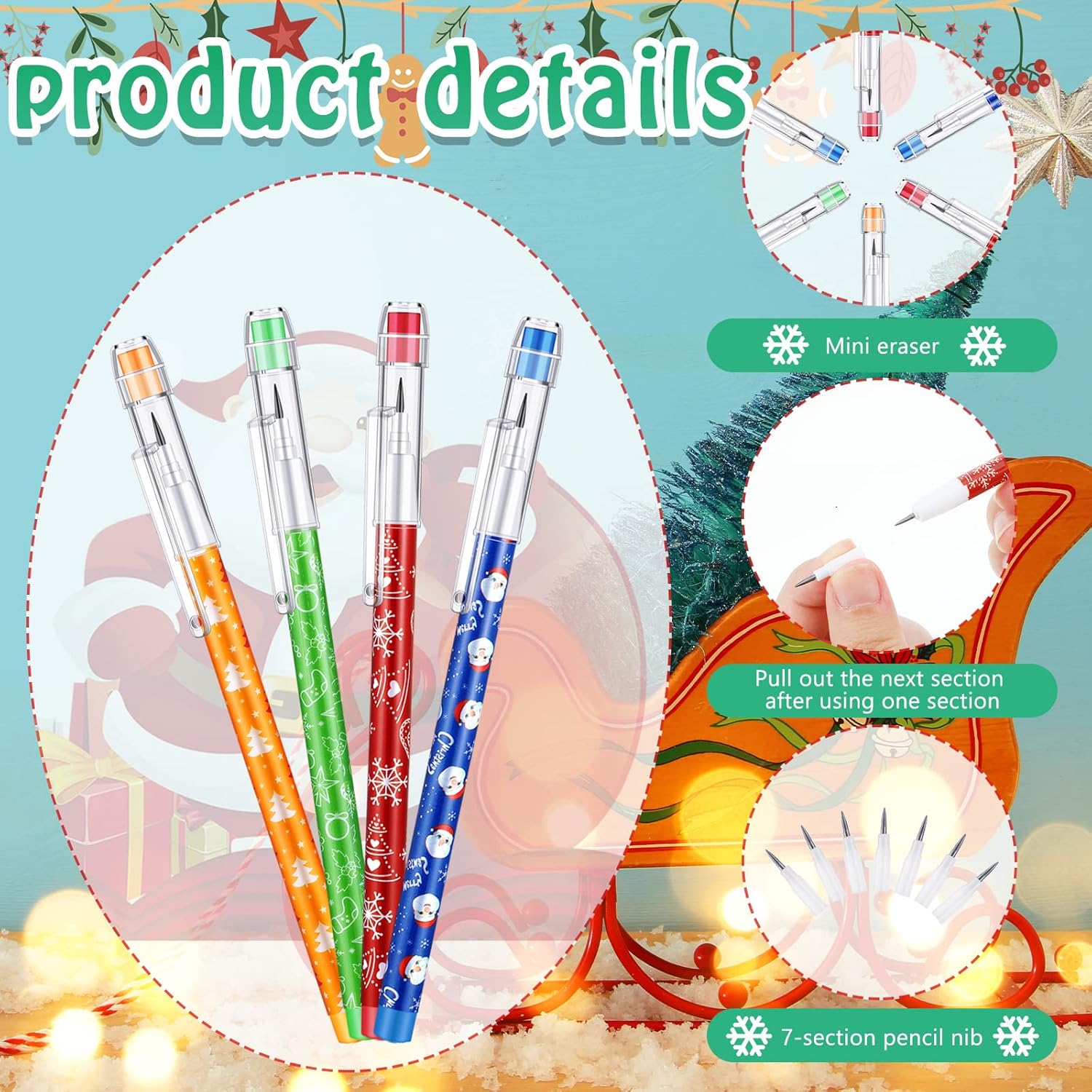Teling Christmas Stackable Pencils Bulk with Eraser Translucent Pencil Multi Point Stackable Push Pencil Xmas Funny Christmas Winter Theme Pencil Set for School Office Student Teacher Supply(120 Pcs)