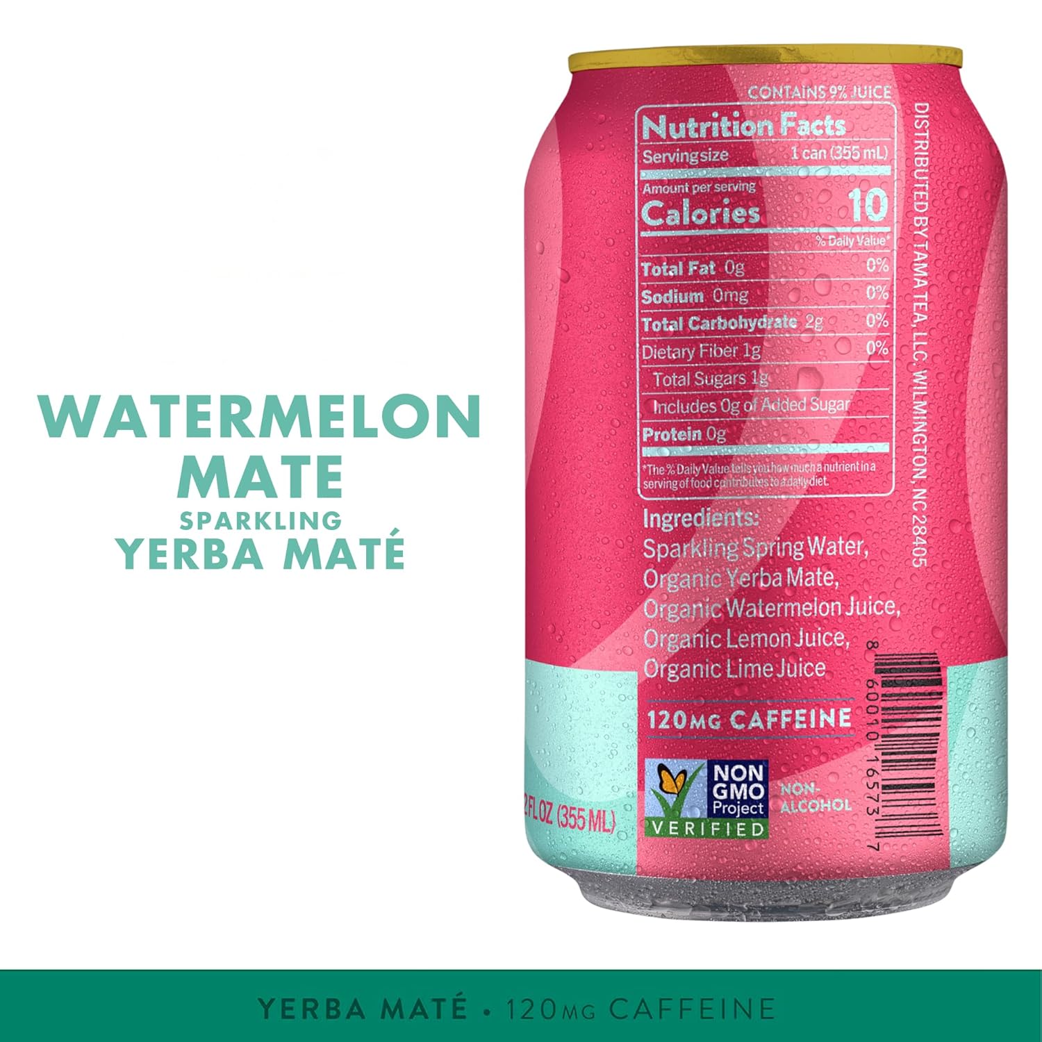 Organic Sparkling Watermelon Yerba Mate Tea, Unsweetened by Tama Tea - Sugar Free Energy Drink Alternative, 120mg Natural Caffeine, 12 oz (12-Pack)