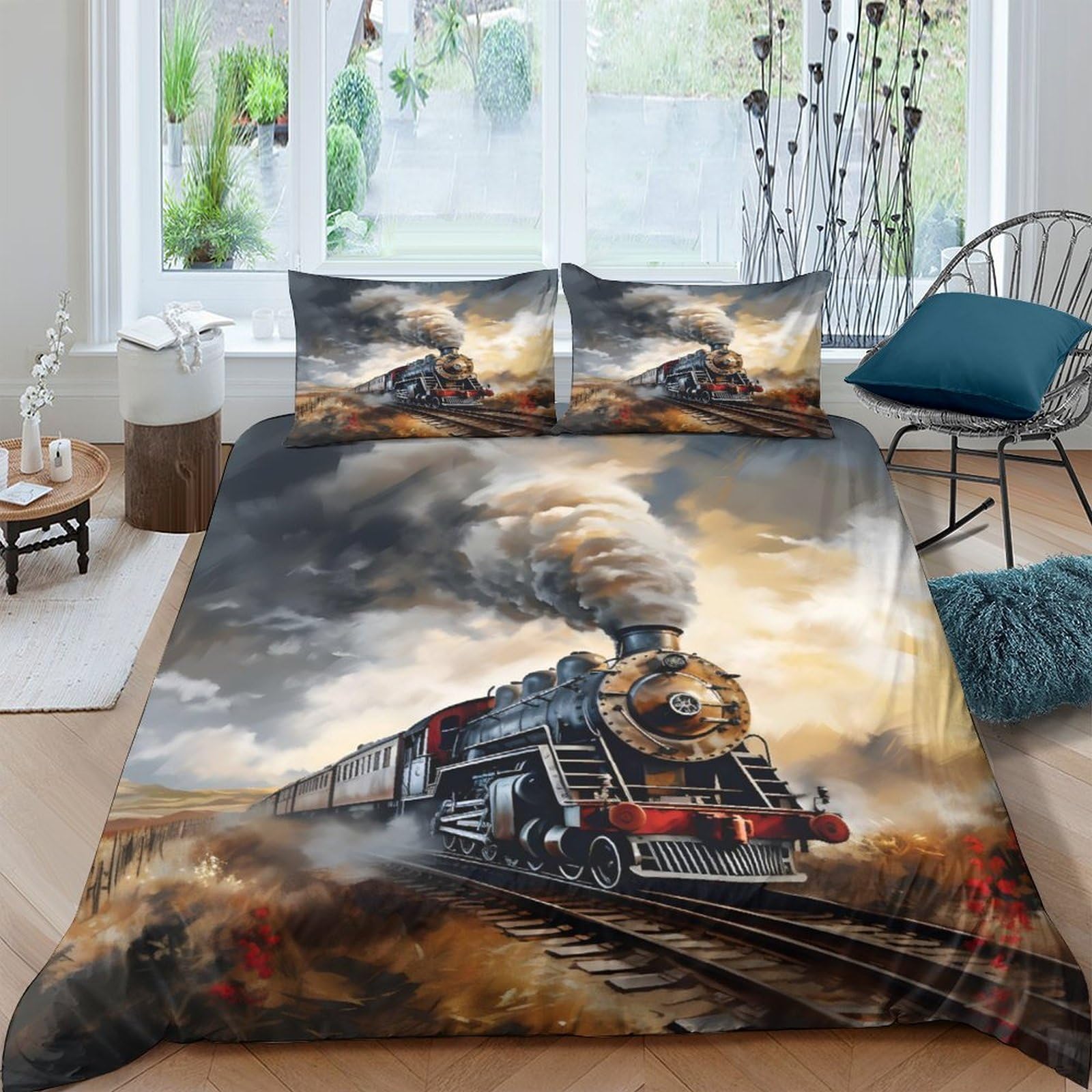 Ctjqhvkz Style-3 3D Printed Steam Train Fitted Sheet Microfiber Soft Breathable Railway Landscape Bed Cover For Bedroom Dorm Mattress Protection Decor Single（135X200cm）