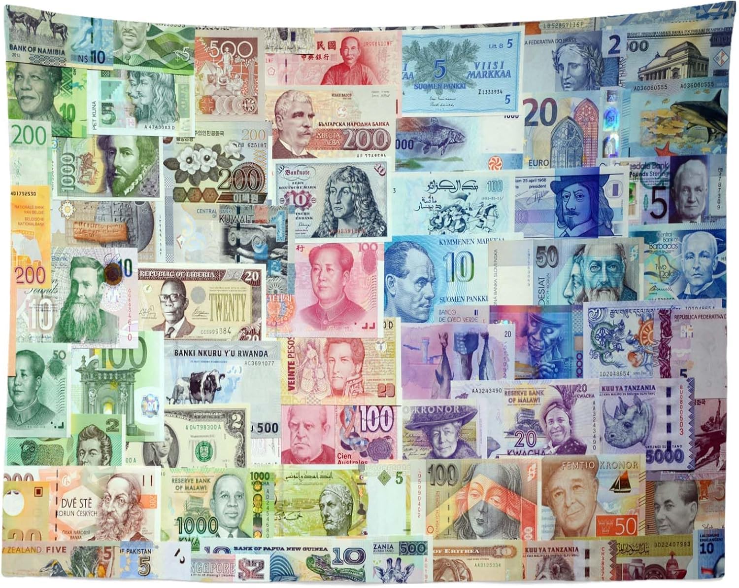 Loccor World Paper Money Tapestry International World Different Countries Money Tapestry Sports Events Birthday Party Classroom Decor 236L'' x 118W''