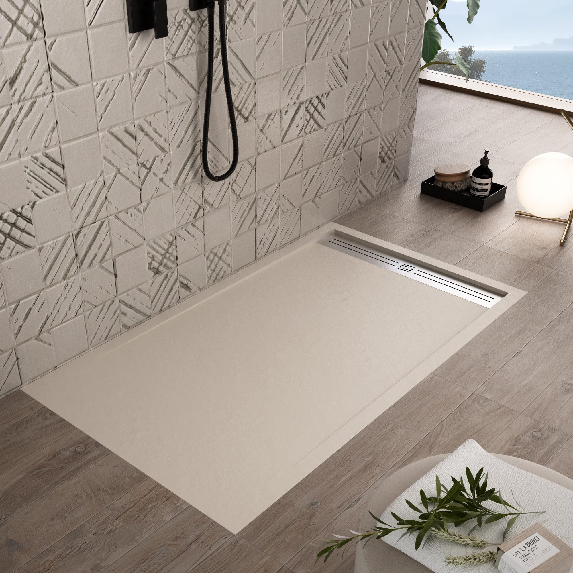 Receveur de douche en résine marbre crème effet pierre-ciment RELAX - 90 x 110