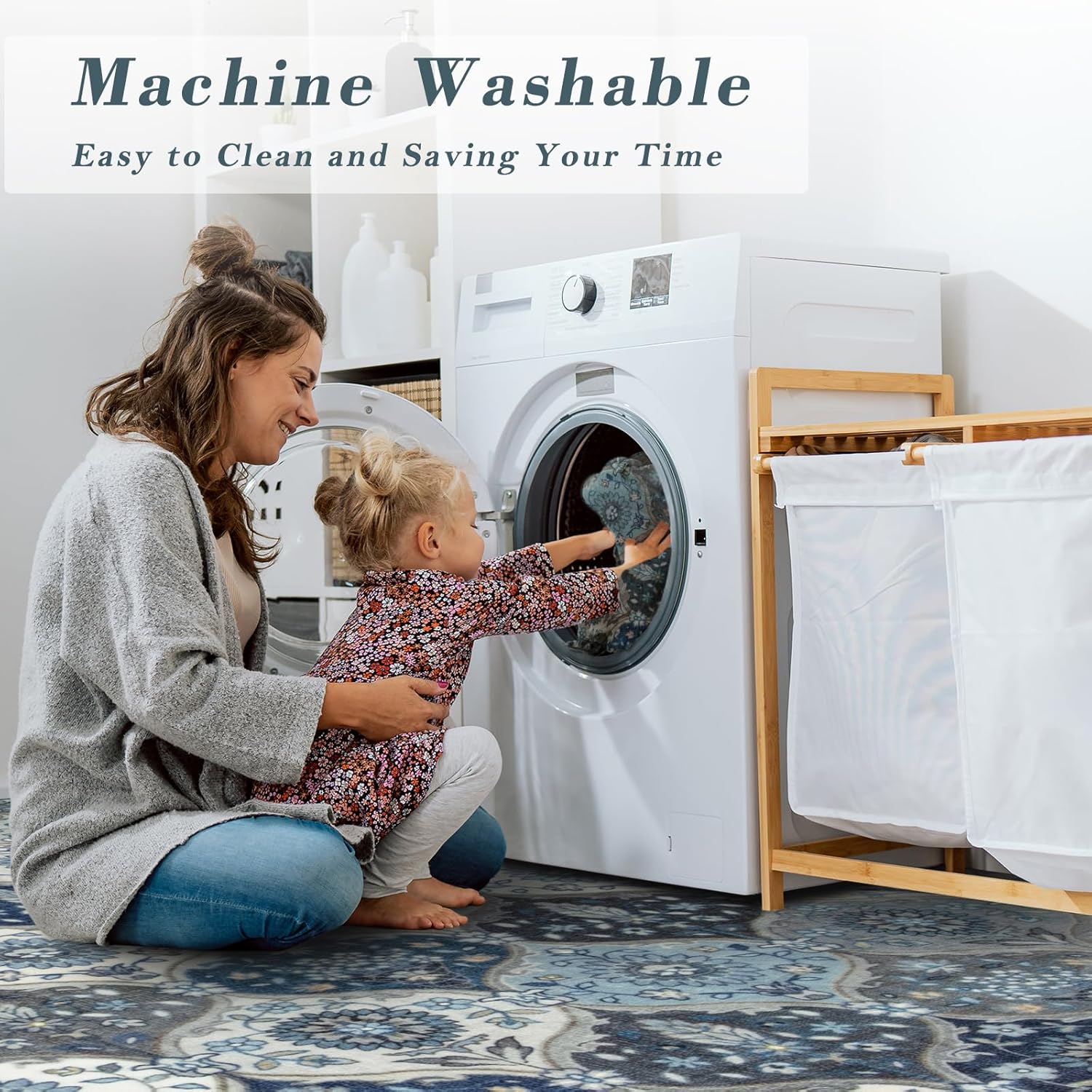 Washable Morrcan Blue Rug, 2x4 Trellis Entryway Rug Non Slip, Stain Restain Small Indoor Door Mat, Kitchen Mat Throw Carpet for Front Entrance Bathroom(2'x4', Blue/Grey) - Image 3