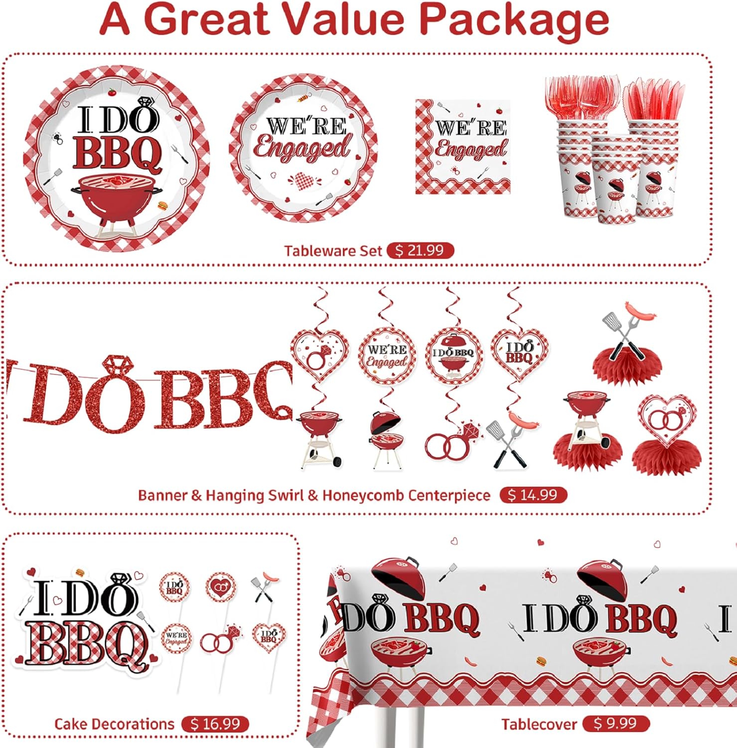 205 Pcs I DO BBQ Decorations - Serves 25 Guests - All-in-One Picnic Party Decorations Kit Includes 350psm Plates, Tablecloths and Toppers, BBQ Themed Party Supplies