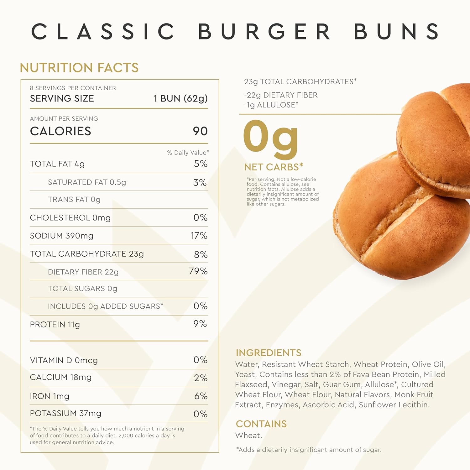 Hero Classic Hamburger Buns - Burger Buns | Net Low Carb Buns | High Fiber, 0g Net Carbs, 0g Sugar & 90 Calories Per Serving Burger Rolls (16 Buns, Pack of 2)