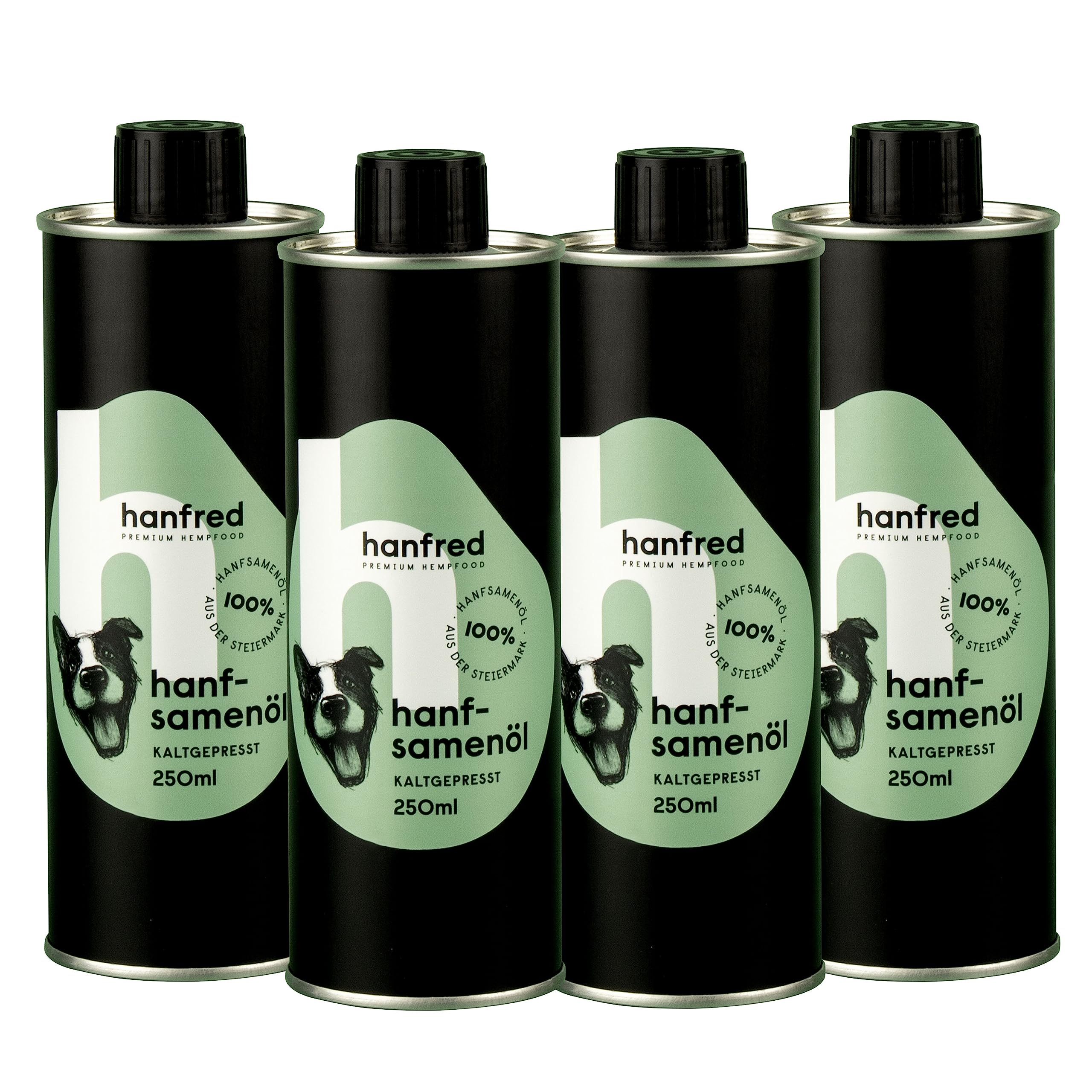 Hanfsamenöl, Kaltgepresst, natürliche Futterergänzung, Omega 3, Omega 6 Fettsäuren für Hunde, Vegan, Österreichisches Qualitätsprodukt (4 x 250ml)