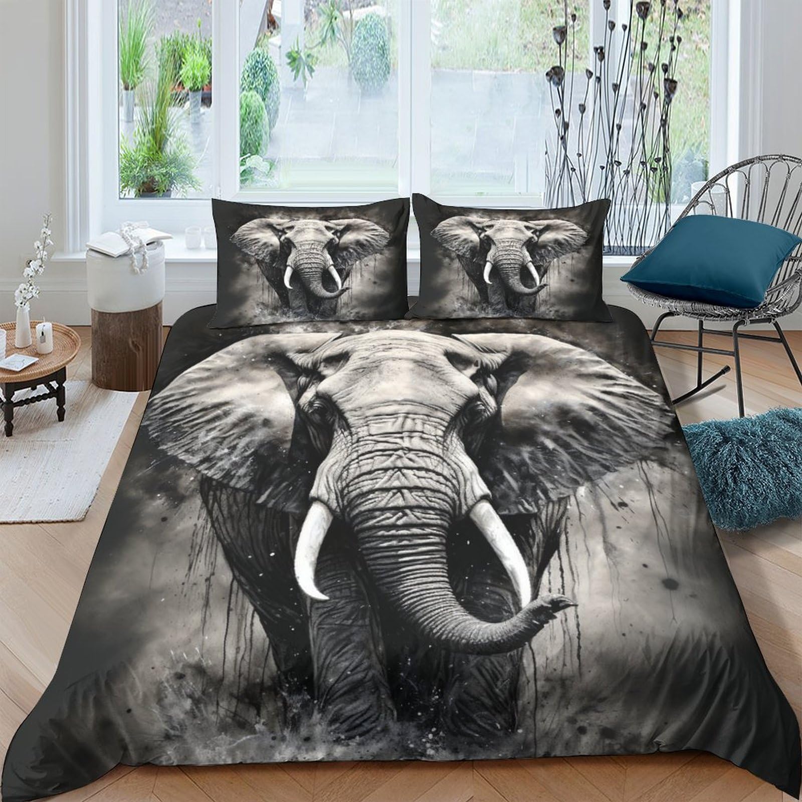 Housse de couette éléphant 200x200 parure de lit 3 pièces microfibre
