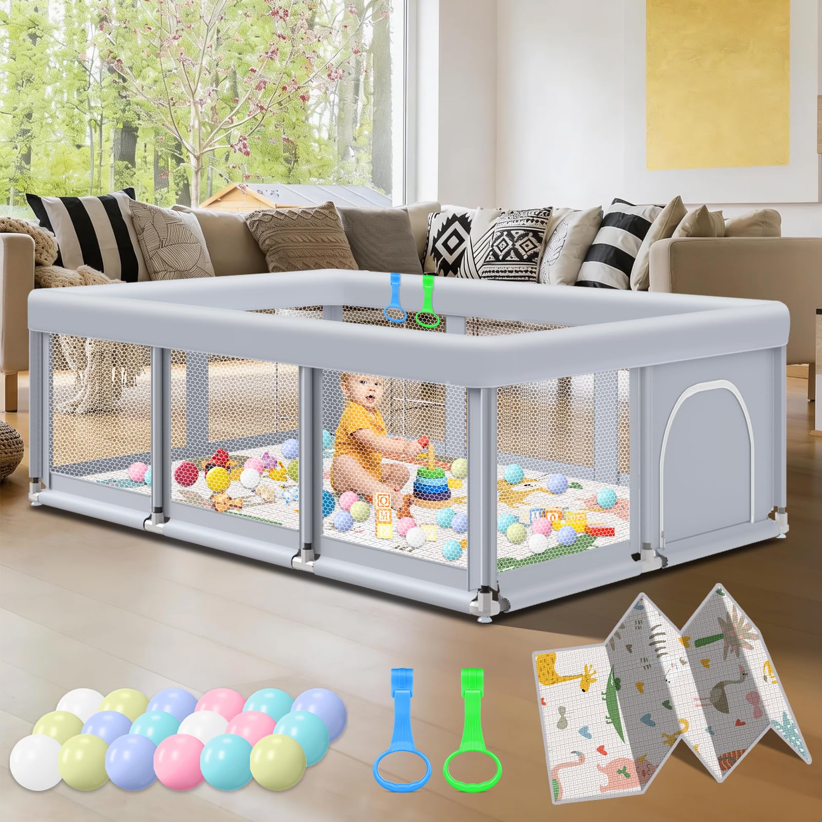 Photo 1 of Fshibila 74" ×50" Large Baby Playpen, Baby Playard for Babies and Toddlers, PlayPen for Indoor & Outdoor, Sturdy Safety Play Yard with Soft Breathable Mesh, Ball x 18, Handle x 2, Mat x 1, Grey