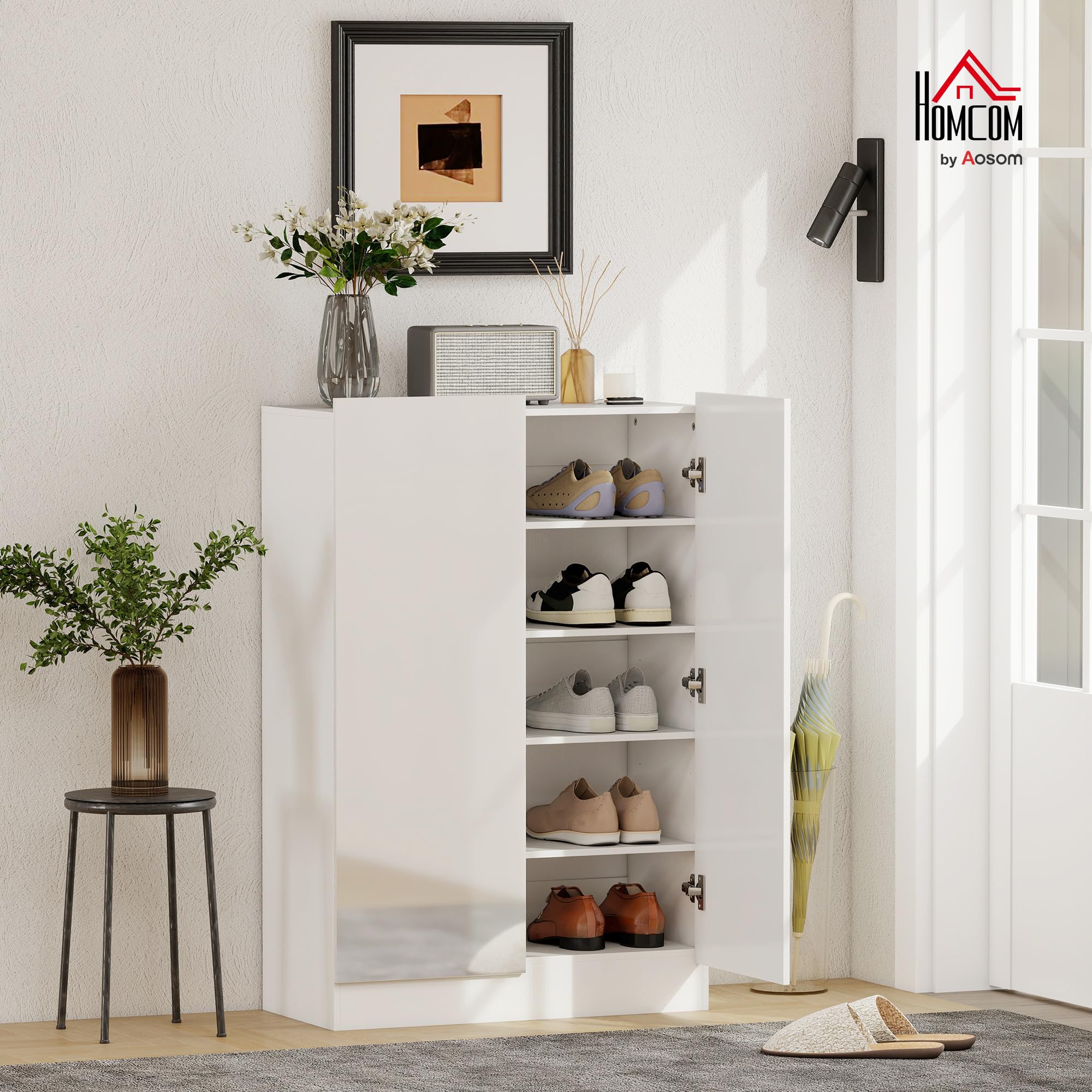 HOMCOM Szafka na buty reg. półkami, drzwi błyszczące, 72x34,5x103cm, Biały | Regał na buty, otwory wentylacyjne, przechowywanie butów z funkcją soft-close, komoda na buty, na 15–20 par butów, Biały