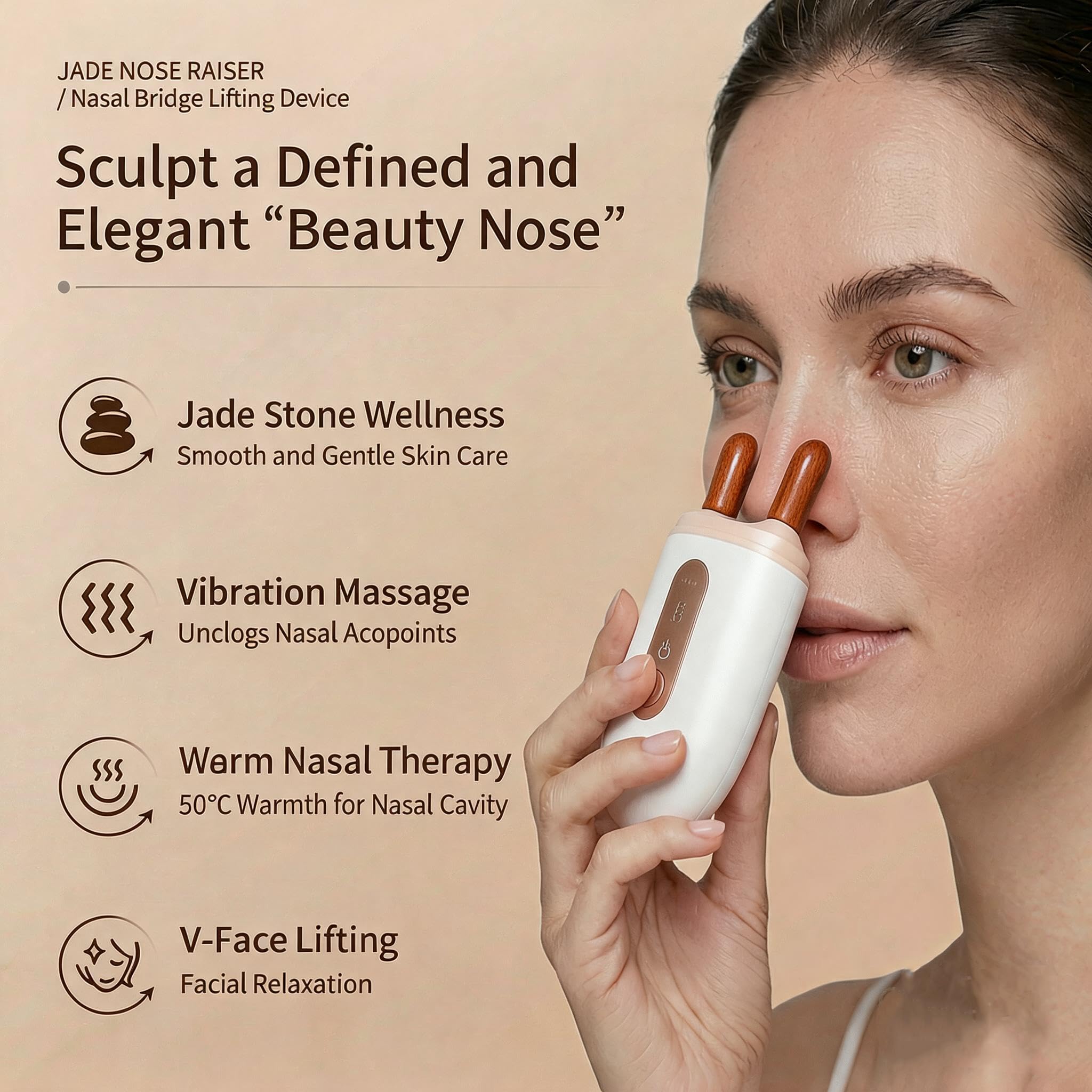 Massaggiatore elettrico naturale per occhi e naso, strumento di sollevamento del viso riscaldato a 3 livelli con temperatura regolabile da 45 a 55 ℃, Gua Sha manuale ergonomico per mascella a V