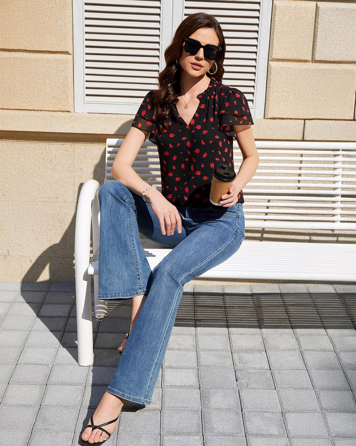 Timeson Womens Summer Tops Dressy Casual Short Sleeve Chiffon Blouses V Neck Business Work Shirts - Image 3