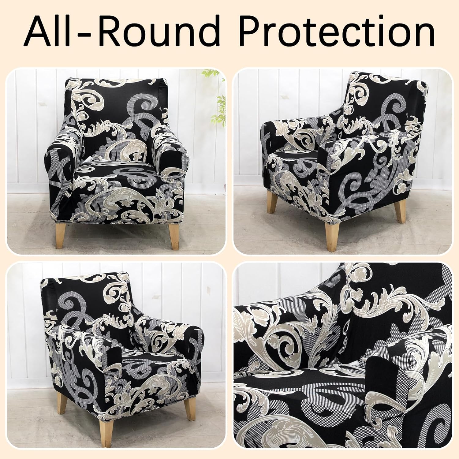 Printed Armchair Covers 1-Piece Elastic Chair Slipcovers with Arms Reception Office Reading Sofa Cover Washable Furniture Protector for Living Room Light Luxury(Black Wave)