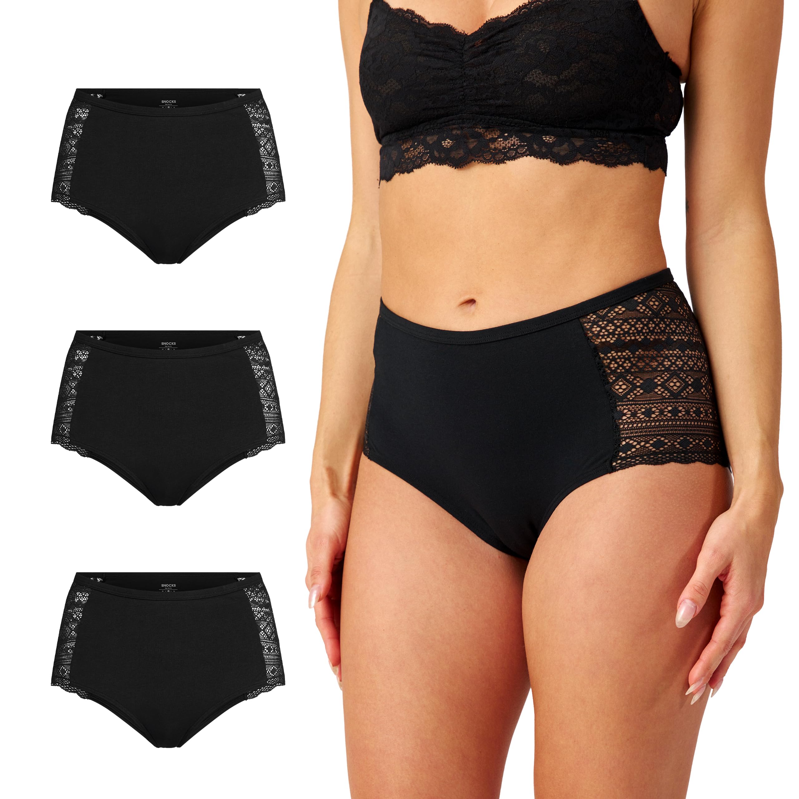 Snocks Hipster Unterwäsche Damen - Damenunterwäsche aus Bio-Baumwolle mit Spitze, Atmungsaktiv & Bequem, Ideal für den Alltag - Gr: XL - Schwarz