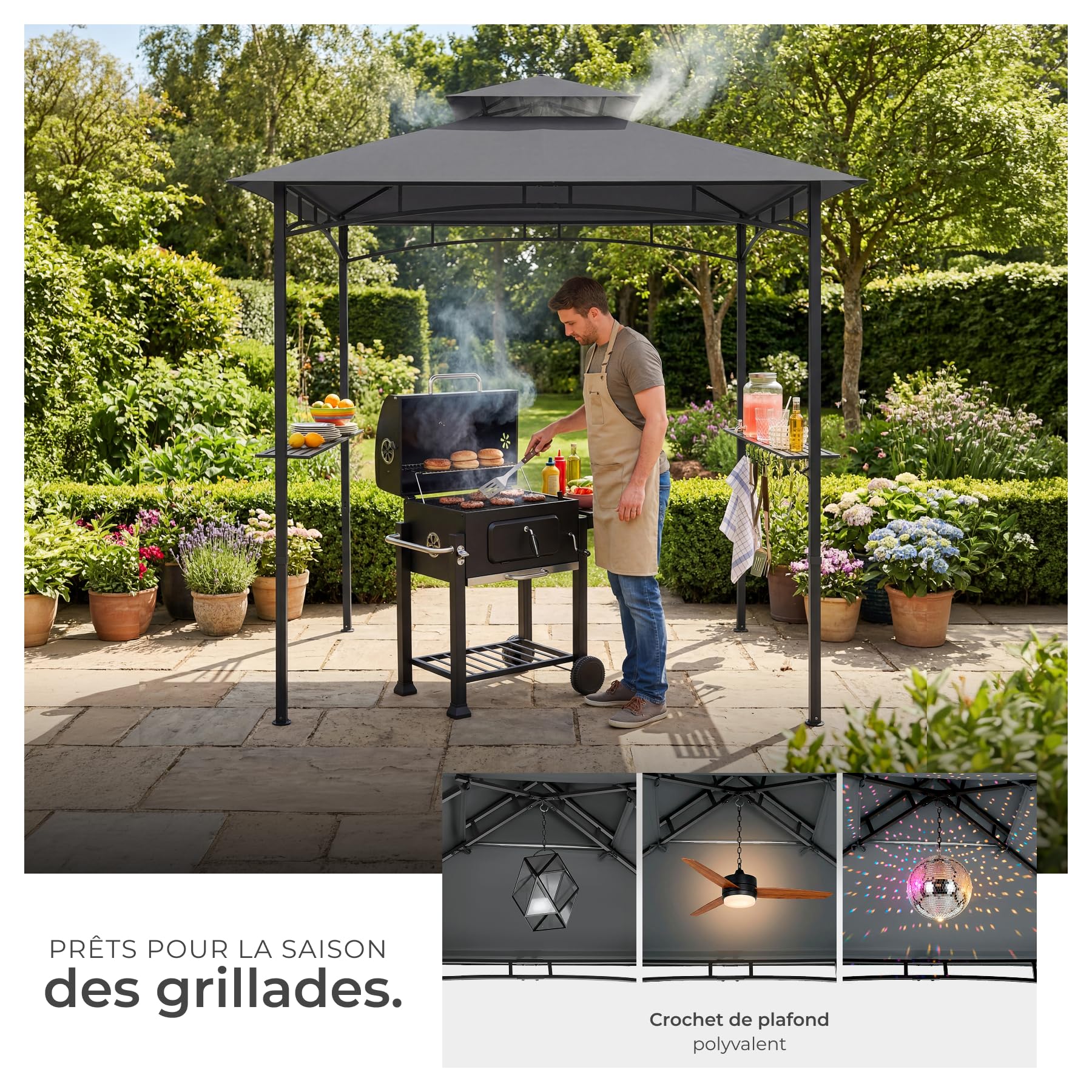 tectake® Abri de Jardin pour Barbecue Charbon, Barbecue Electrique, Plancha, Cuisine exterieure, 240x150x250 cm, Abri Barbecue Toile étanche, Protection UV, Double toiture, Résistant aux intempéries