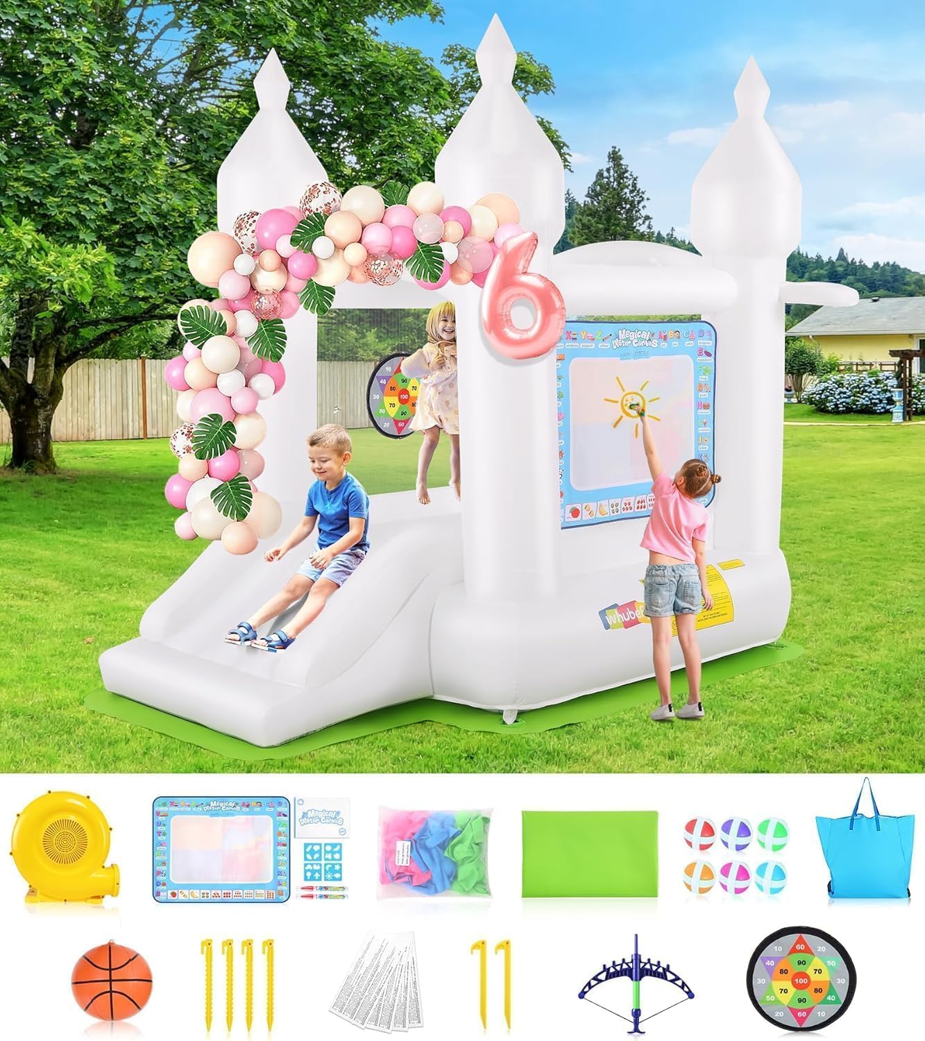Inflatable White Bounce House for Kids with UL Blower-Portable, Jump House 3in1 Bouncy Castles A Spacious Joy-Room Bounce House for Kids 3-10 (Bouncy House)