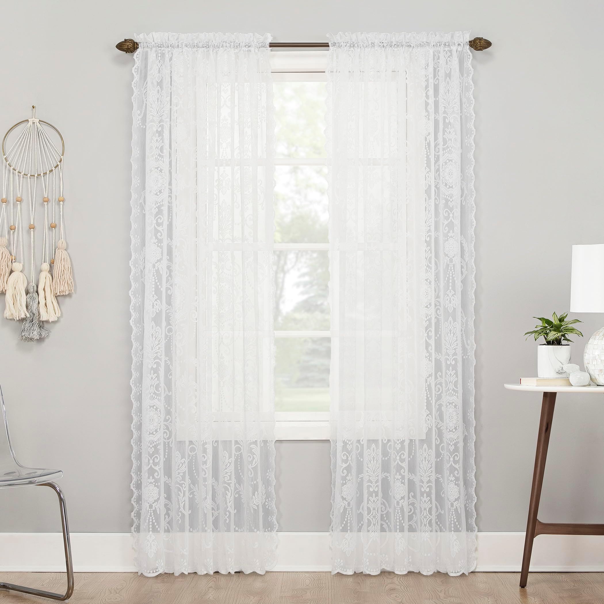 No. 918 Ariella Floral Lace Rod Pocket Curtain Panel, 58" x 84", White