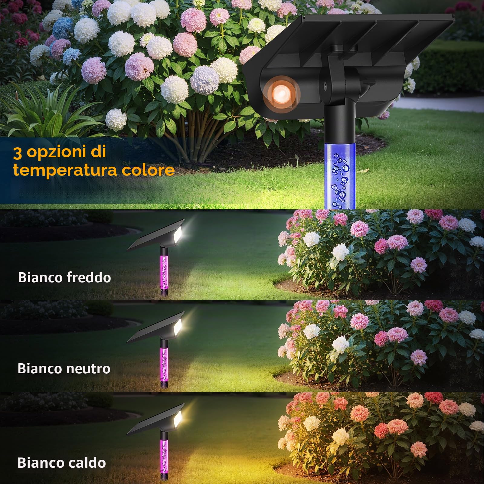 INTELAMP Faretti Energia Solare da Esterno 2 Pezzi, IP65 Impermeabile Lampioncini Solari da Giardino per Cortile, Vialetto, Alberi (Palo rgb)