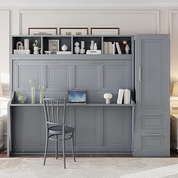 Full Size Murphy Bed with Closet and Drawers, Space-Saving Wall Bed with Shelves, Ideal for Small Rooms, Apartments, or Home Offices, Gray