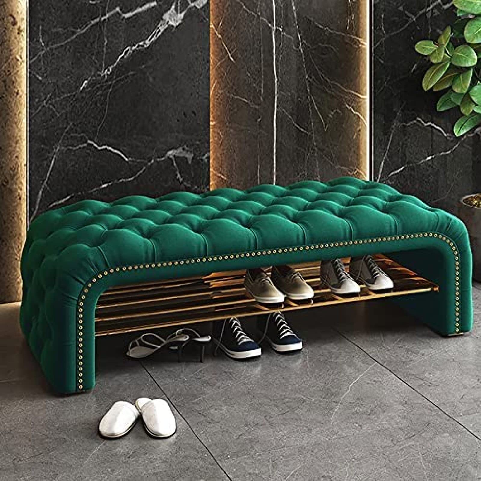 Banc de lit en velours confortable avec meuble à chaussures intégré