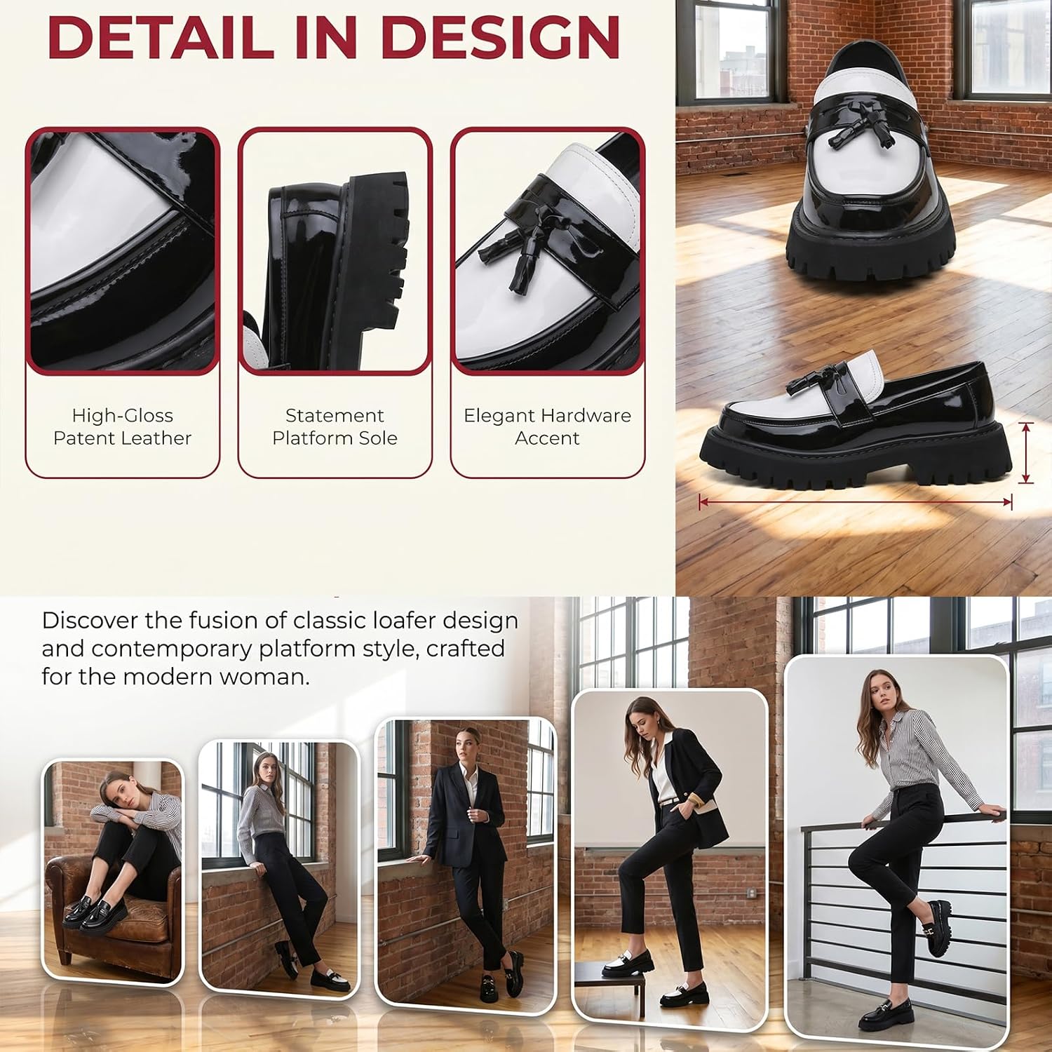 Women’s Fashion Patent Leather Chunky Platform Dress Loafers Classic Slip-On Lug Sole Business Work Formal Shoes Daily Height Increase Non-Slip Casual Shoes