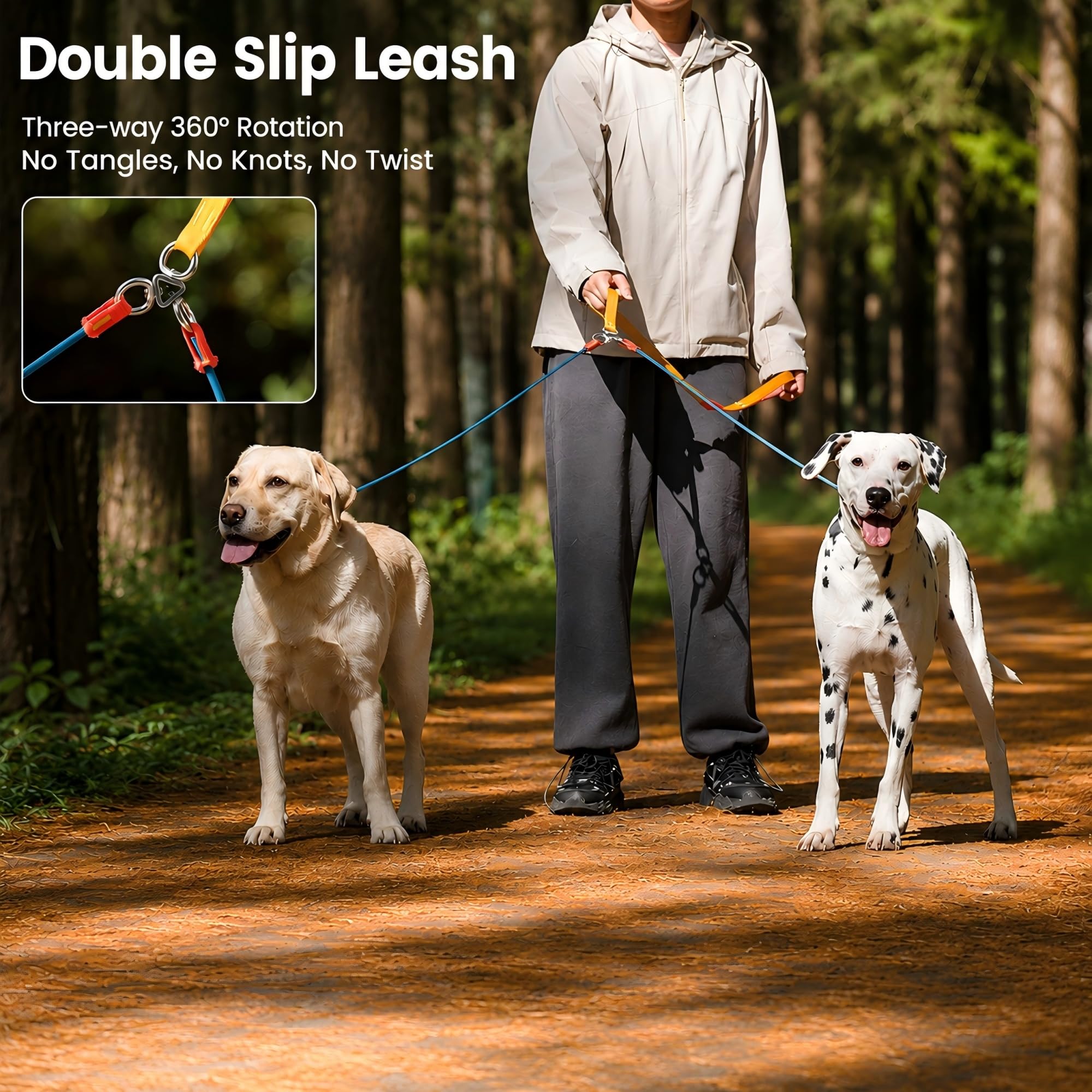 Howgo Correa deslizante doble | Correa doble para perro para 2 perros, giro de 360° sin enredos | Correa y collar de nailon de entrenamiento para perros | Acoplador y divisor de doble clip | Aluminio
