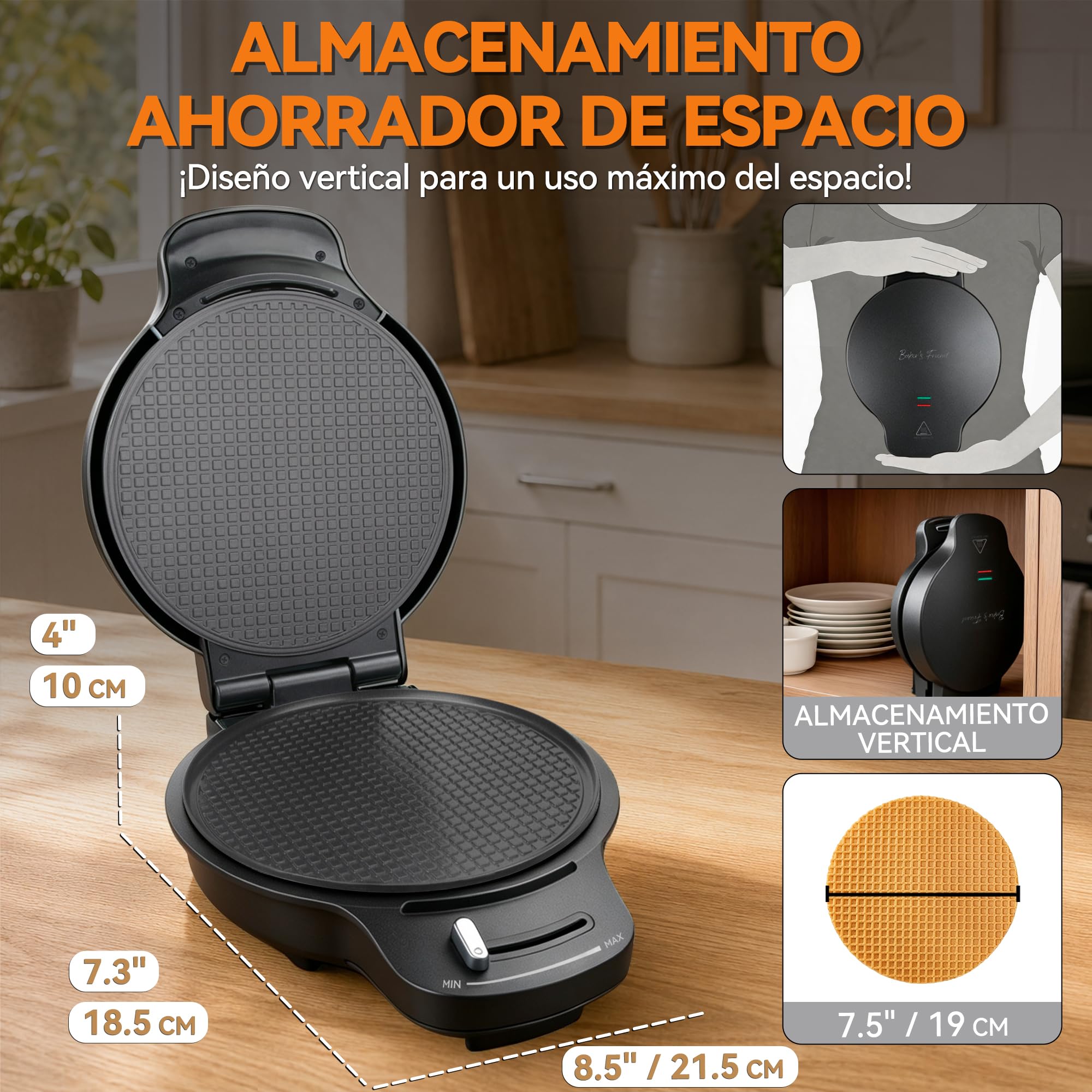 Baker's Friend Máquina Gofres Conos Helado, Control Tostado, Gofrera 7,5" Fina Antiadherente, Gofres Crujientes, Rodillo Conos, Color Grafito