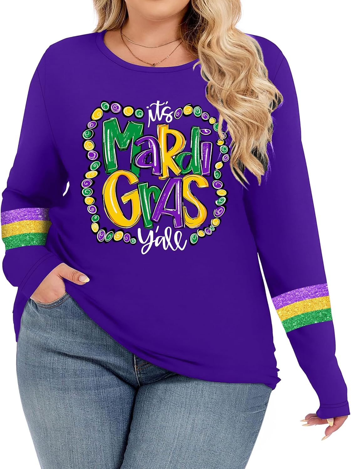 Plus Size Mardi Gras Shirt It's Mardi Gras Y'all Graphic Tops Mardi Gras Gift Casual Crew Neck Long Sleeve Tops - Image 2