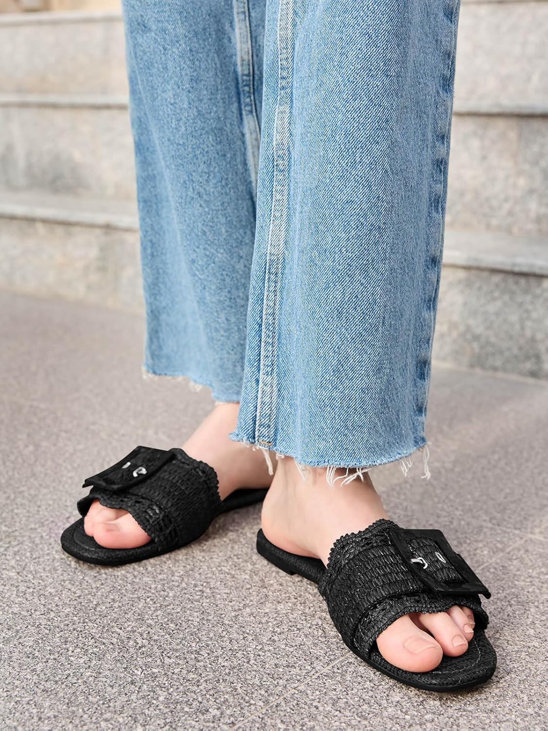 Coutgo Womens Flat Sandals Raffia Slip On Slide Sandal Square Open Toe Buckle Summer Beach Shoes Flats - Image 2