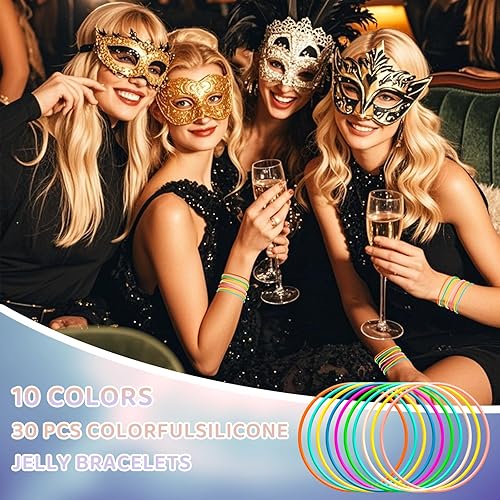 Miniatura 4 de 30 pulseras de silicona para el cabello  10 colores retro sólido neón estilo 80 bandas elásticas de gel  Luminoso resplandor traje elástico para