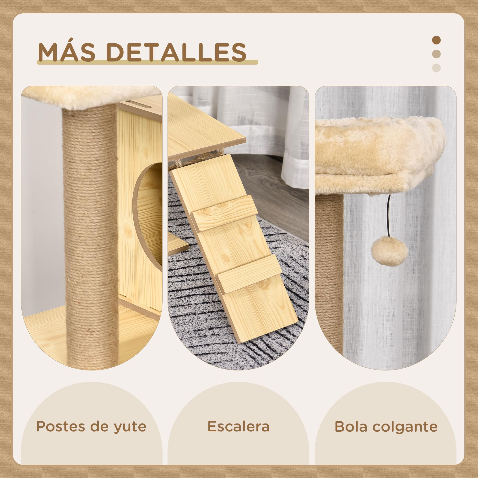 PawHut Árbol Rascador para Gatos Altura 130 cm 60x40x130 cm Amarillo | Torre para Gatos, Postes Rascadores de Yute, 2 Camas, Hamaca, Cueva, Bola Colgante, Rampa