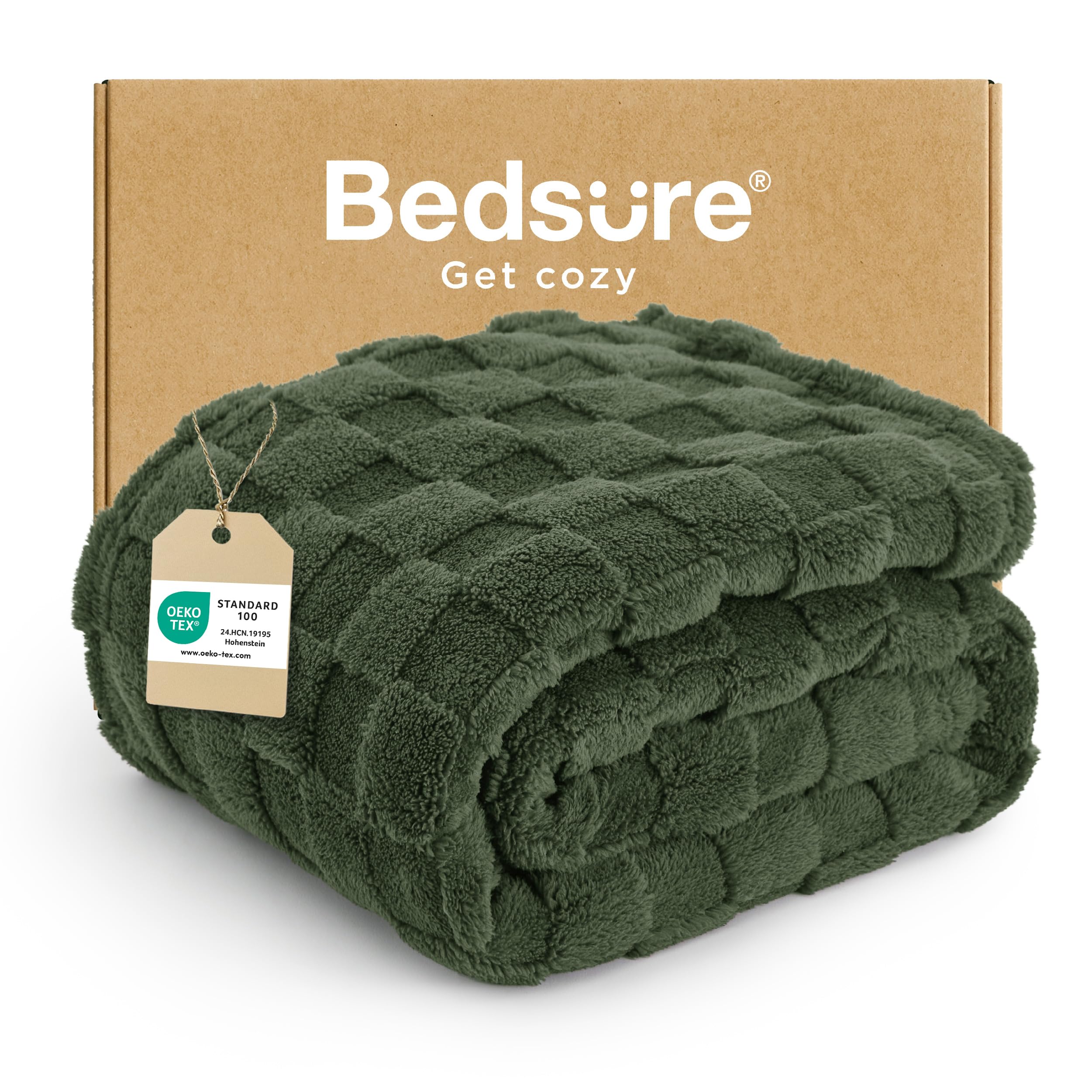 Bedsure Fleece Throw Blanket for Sofa - Soft Cosy Checkered Blankets for Women and Girls, Fluffy Warm Single Throw for Bed, Olive Green, 127x152 cm