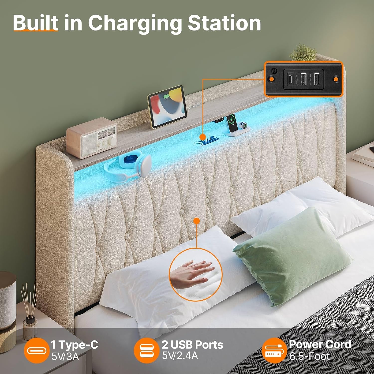 Illustration showing three key features: 1. Two under-bed drawers for increased storage space. 2. A 2-tier storage headboard with integrated LED lighting. 3. Easy installation process for the bed frame.