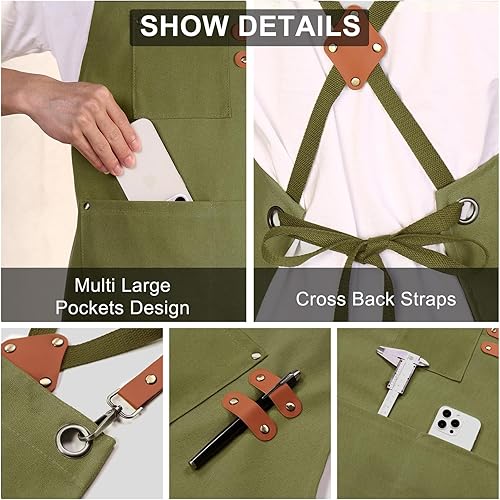 Miniatura 5 de ZOMAO Delantal de chef para mujeres y hombres con bolsillos grandes, lona de algodón, parte trasera cruzada, impermeable, delantales de trabajo