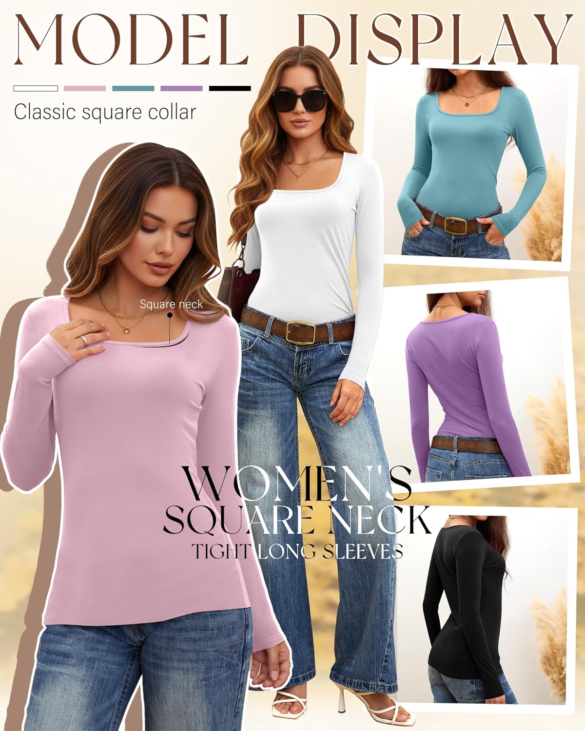 Huukeay 5 Pack Long Sleeve Shirts for Women Square Neck Tops Slim Multipack Casual Basic Tee Layer Undershirts - Image 5