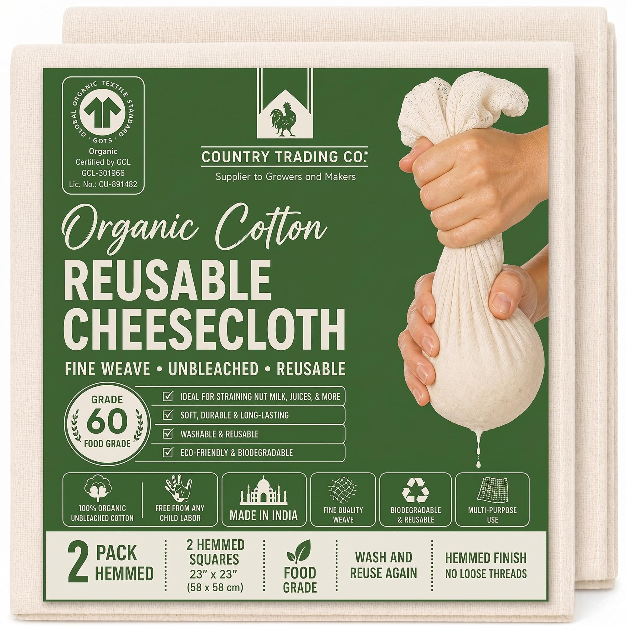 Estopilla de algodón orgánico sin blanquear para colar - 2 cuadrados reutilizables con dobladillo, certificado GOTS, colador fino reutilizable – Grande 58 cm x 58 cm