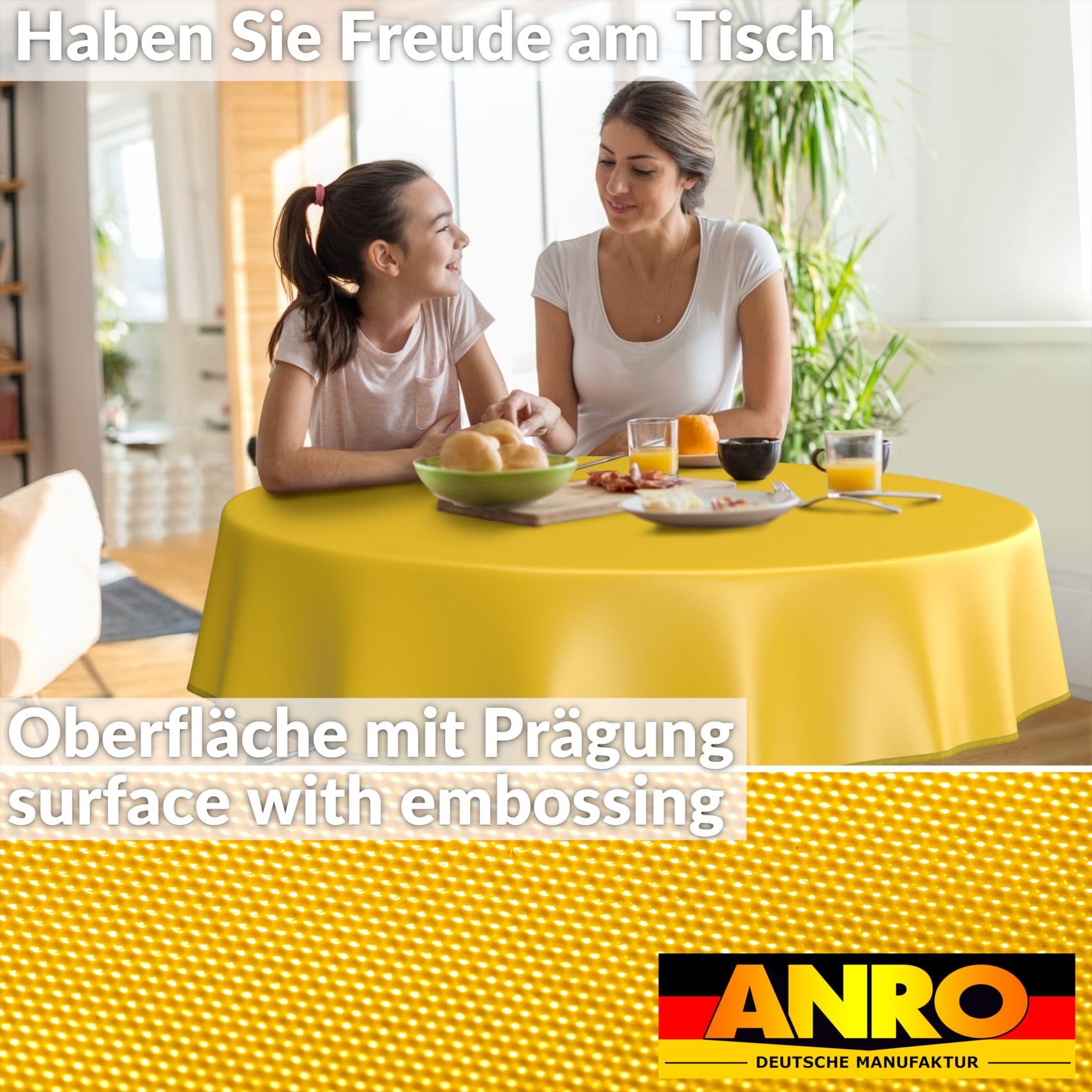 ANRO Oilcloth Tablecloth, Washable, Oilcloth, Garden Tablecloth, Outdoor, Indoor, Round, 140 cm with Hem, Yellow - Image 3