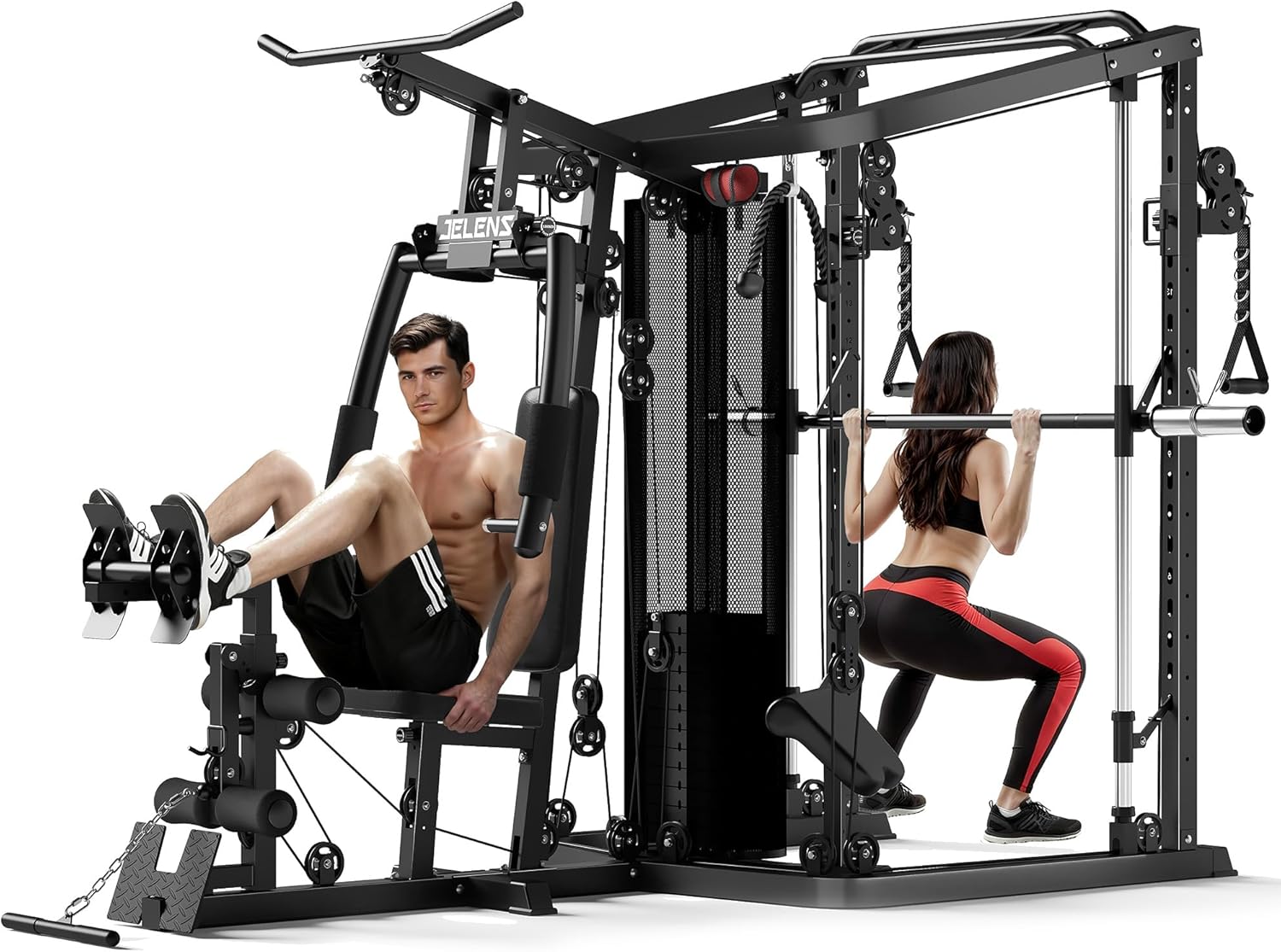 JELENS Home Gym System, 150LB Weight Stack Smith Machine with LAT Pull-Down & Leg Press, All-in-One Strength Training Equipment, Workout Station for Workout