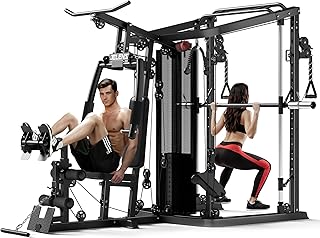Home Gym System, 150LB Weight Stack Smith Machine with LAT Pull-Down & Leg Press, All-in-One Strength Training Equipment, Workout Station for Workout