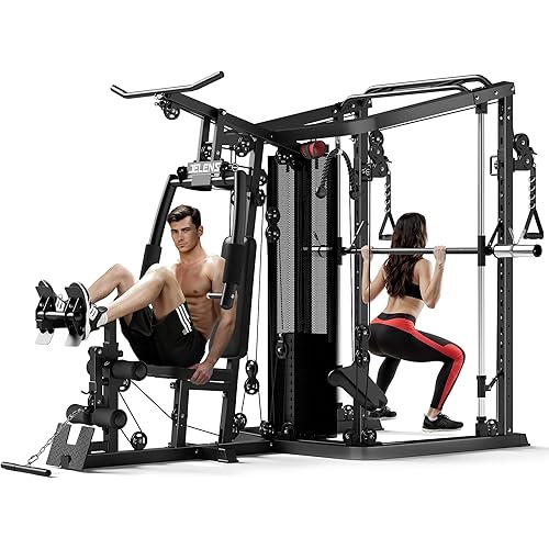 Home Gym System, 150LB Weight Stack Smith Machine with LAT Pull-Down & Leg Press, All-in-One Strength Training Equipment, Workout Station for Workout