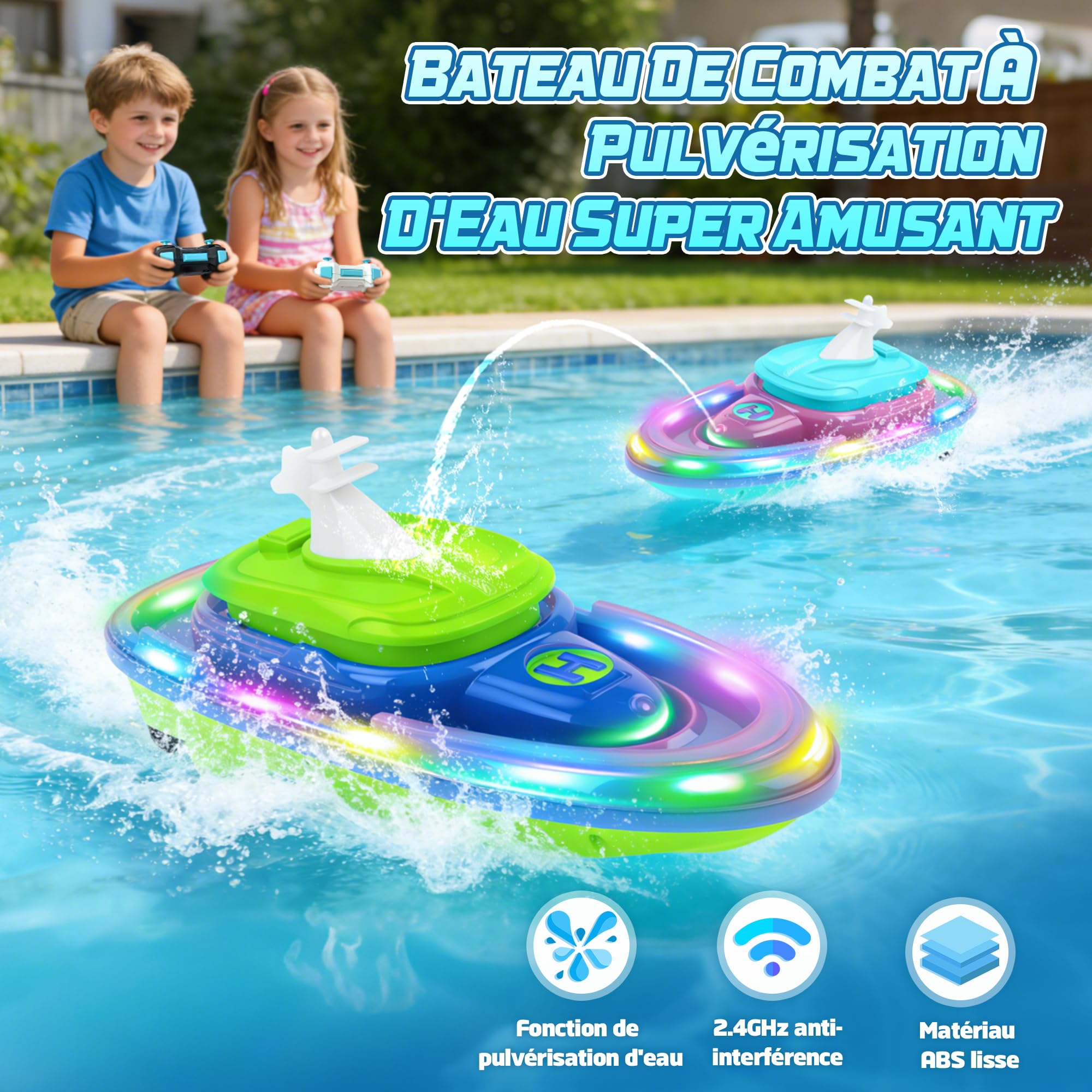 FORMIZON Bateau Ttélécommandé, sous Marin Télécommandé avec Fonction de Projection d'eau, Bateau RC Étanche, Bateau Radiocommandé avec lumière et Rotation à 360 Degrés (Blau) - 4